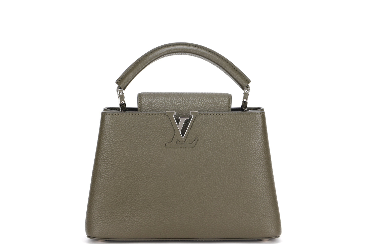 LOUIS VUITTON M57227 CAPUCINES BB, KHAKI COLOR TAURILLON LEATHER SILVER HARDWARE, WITH STRAP & DUST COVER