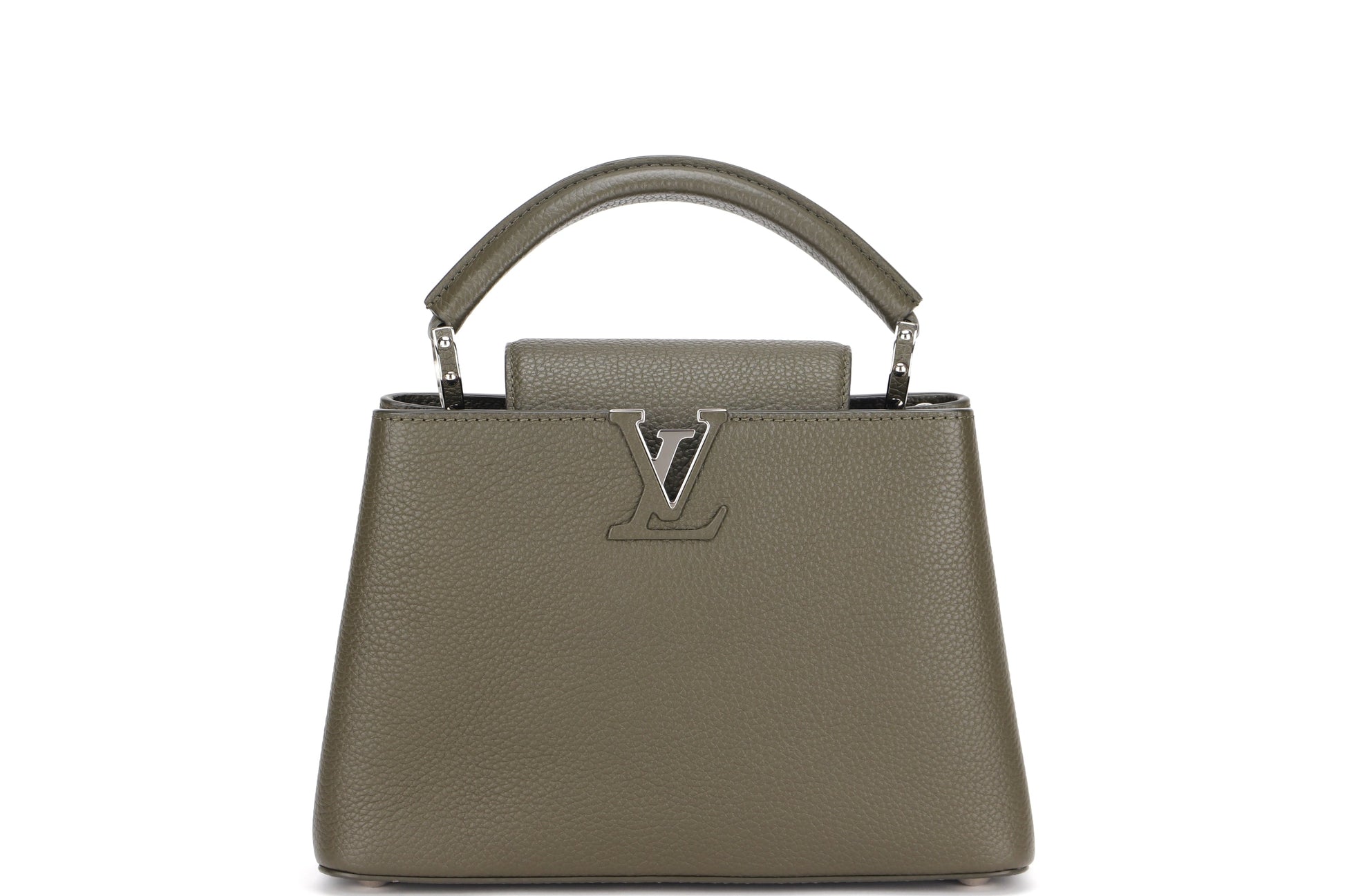 LOUIS VUITTON M57227 CAPUCINES BB, KHAKI COLOR TAURILLON LEATHER SILVER HARDWARE, WITH STRAP & DUST COVER