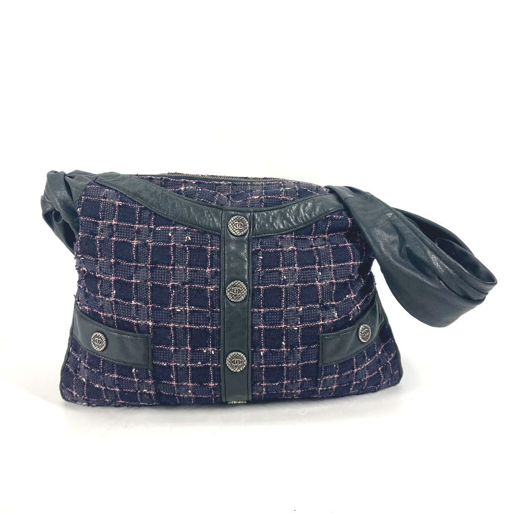 Chanel Tweed Navy Button CC COCO Mark Leather Shoulder Bag