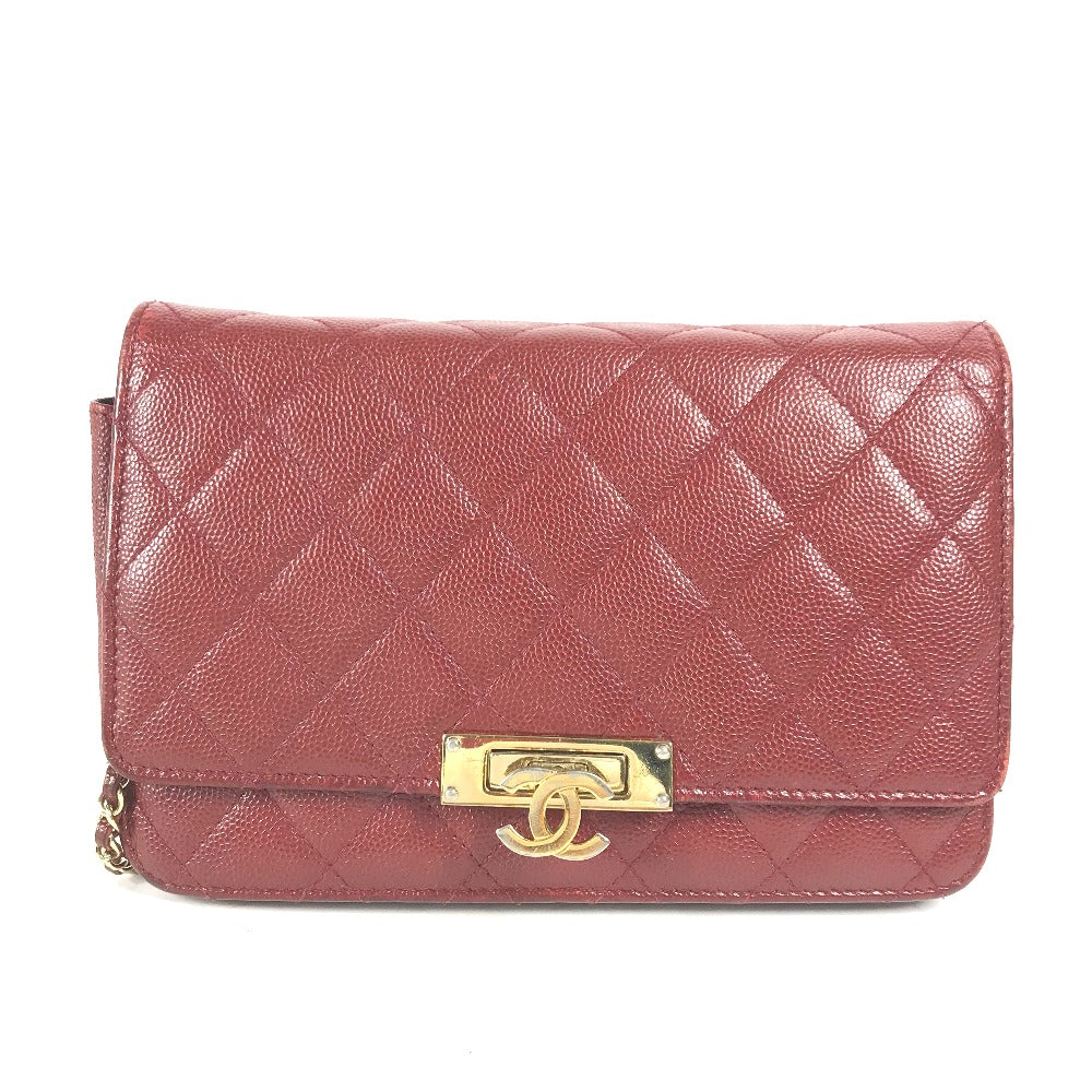 CHANEL Long Wallet Purse Caviar skin Red x Gold Metal CC COCO Mark Coco Lock Chain Wallet Women