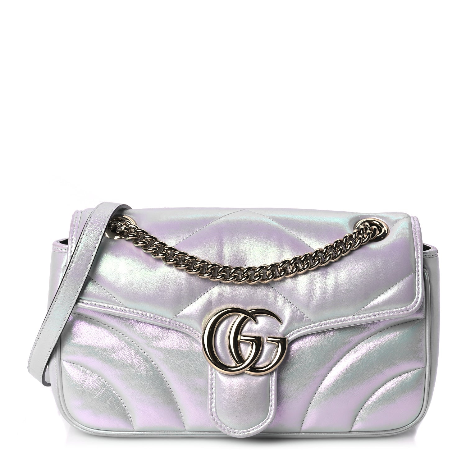 Gucci Iridescent Nappa Chevron Matelasse Small GG Marmont Shoulder Bag Snow Light Blue