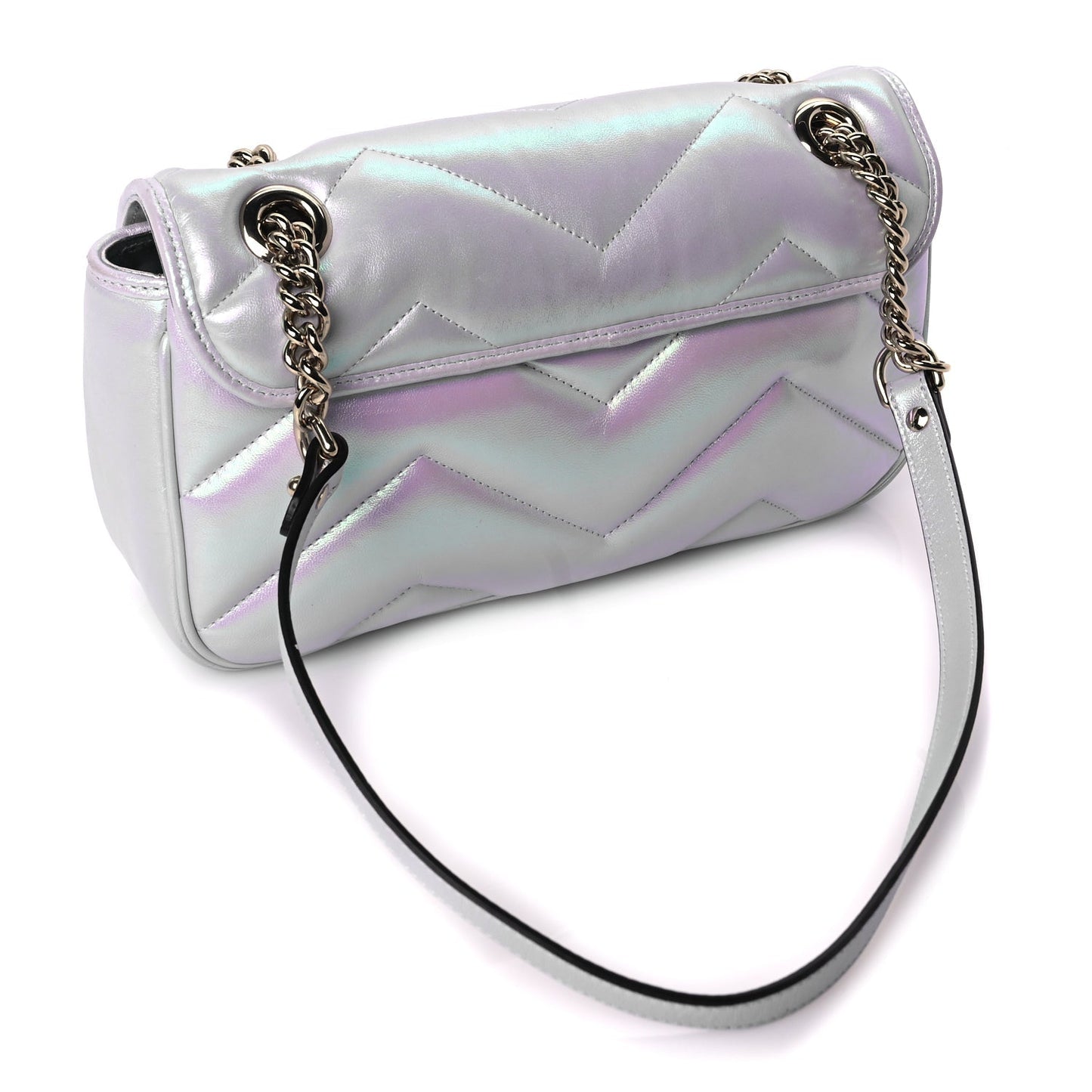 Gucci Iridescent Nappa Chevron Matelasse Small GG Marmont Shoulder Bag Snow Light Blue