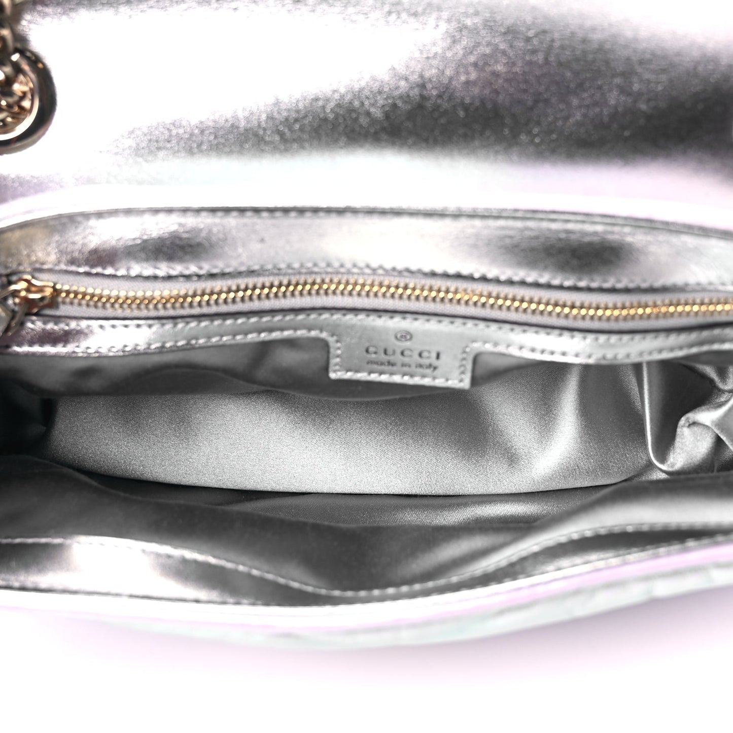 Gucci Iridescent Nappa Chevron Matelasse Small GG Marmont Shoulder Bag Snow Light Blue