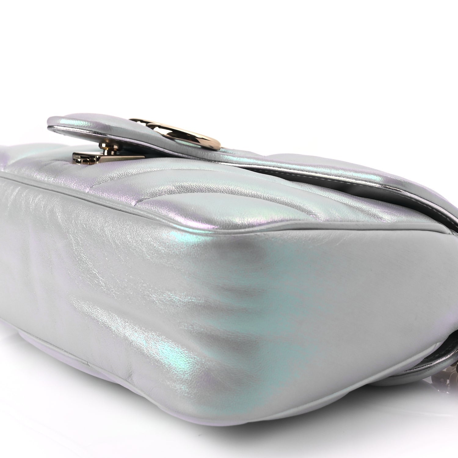 Gucci Iridescent Nappa Chevron Matelasse Small GG Marmont Shoulder Bag Snow Light Blue