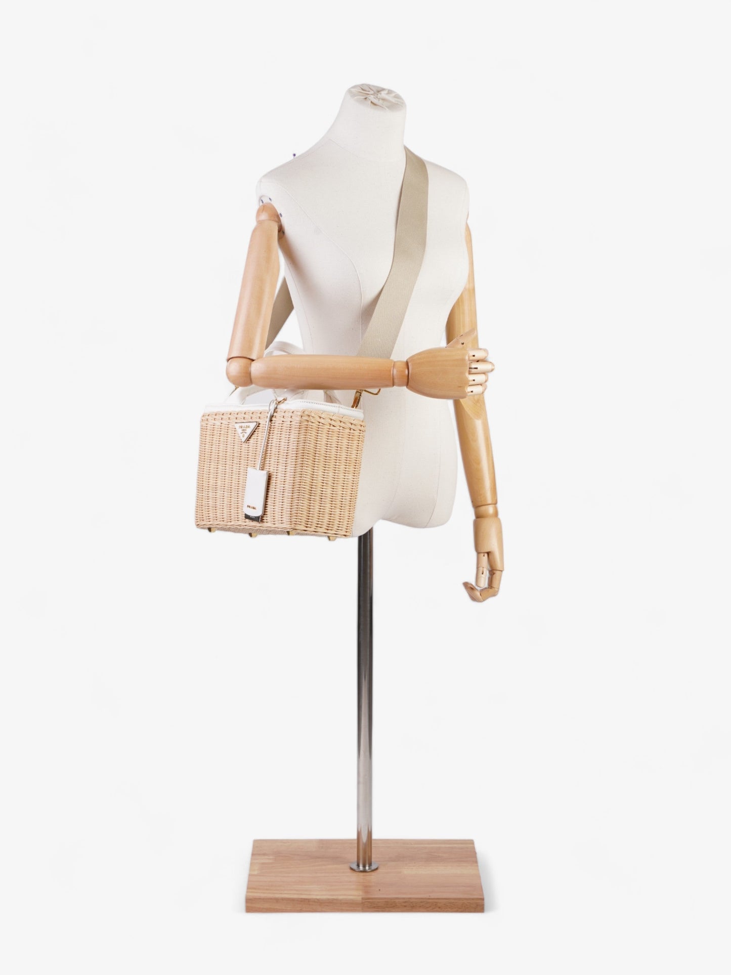 Prada And Linen Blend Tote Wicker White Tan Tote Bag
