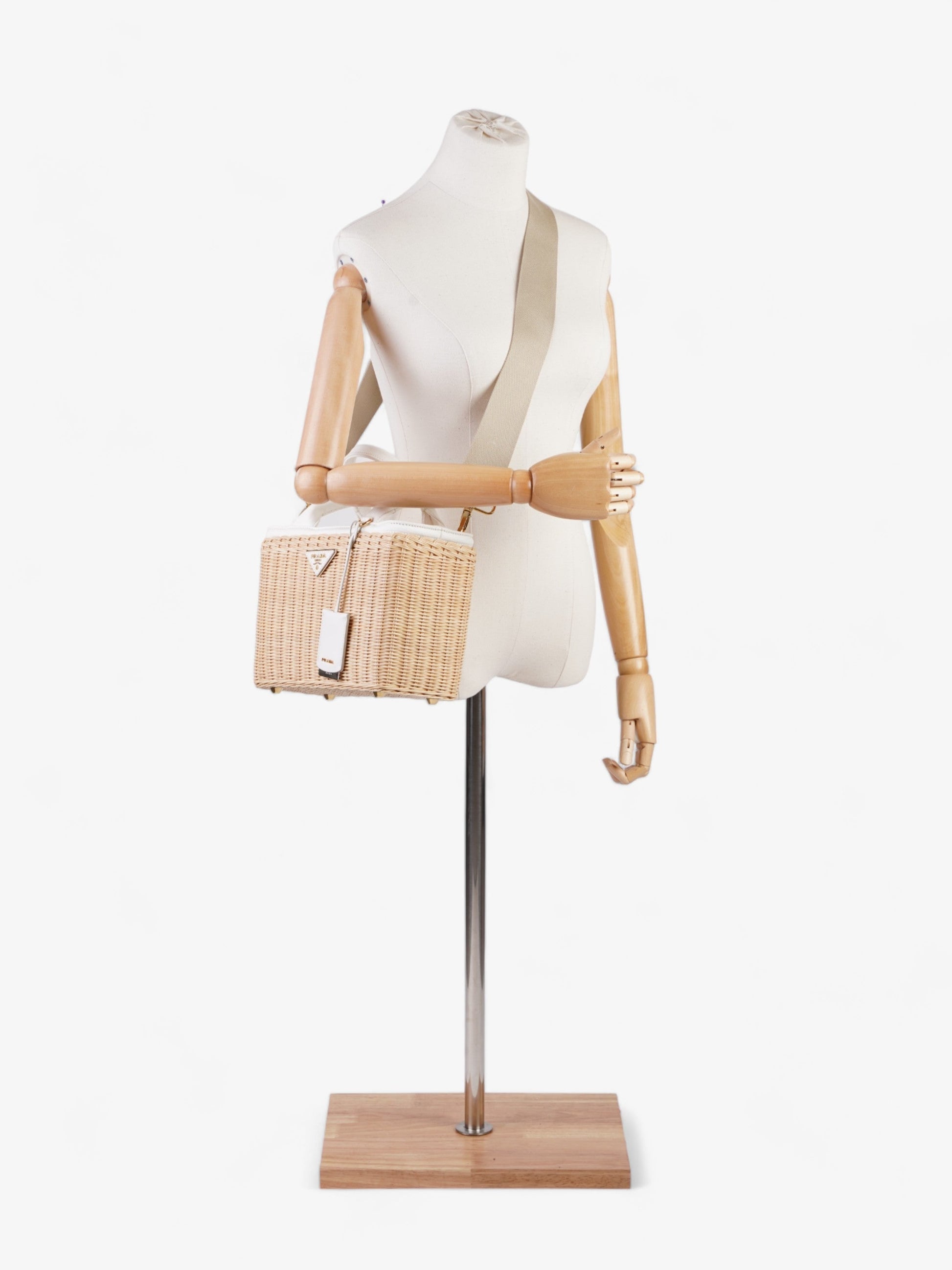 Prada And Linen Blend Tote Wicker White Tan Tote Bag