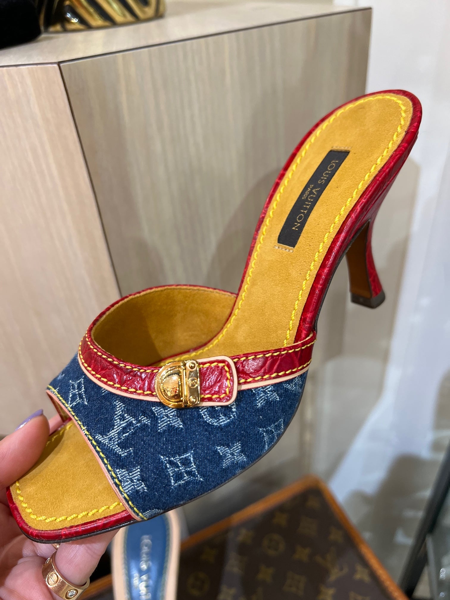 Louis Vuitton DENIM SLIDE MULES Monogram Leather Shoes