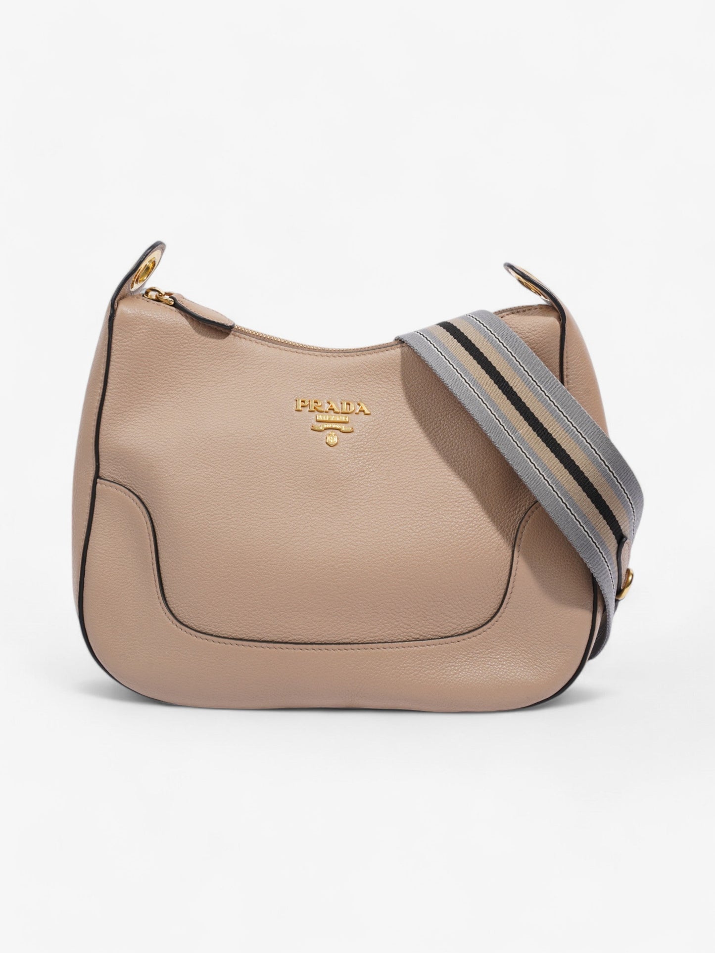 Prada Zipped Hobo Taupe Calfskin Leather Beige Hobo Bag