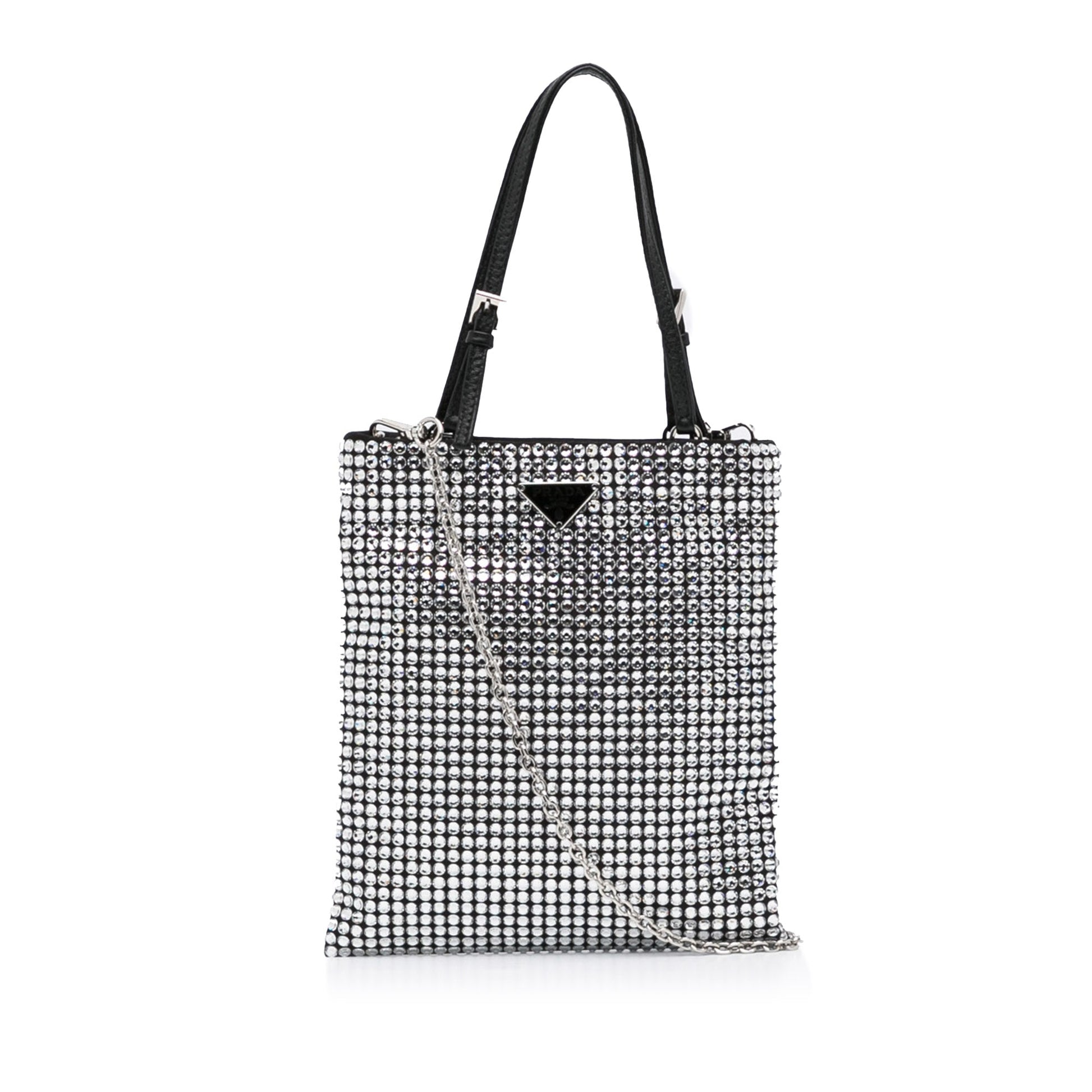 Prada Crystal Handbag Satin Silver Travel Bag