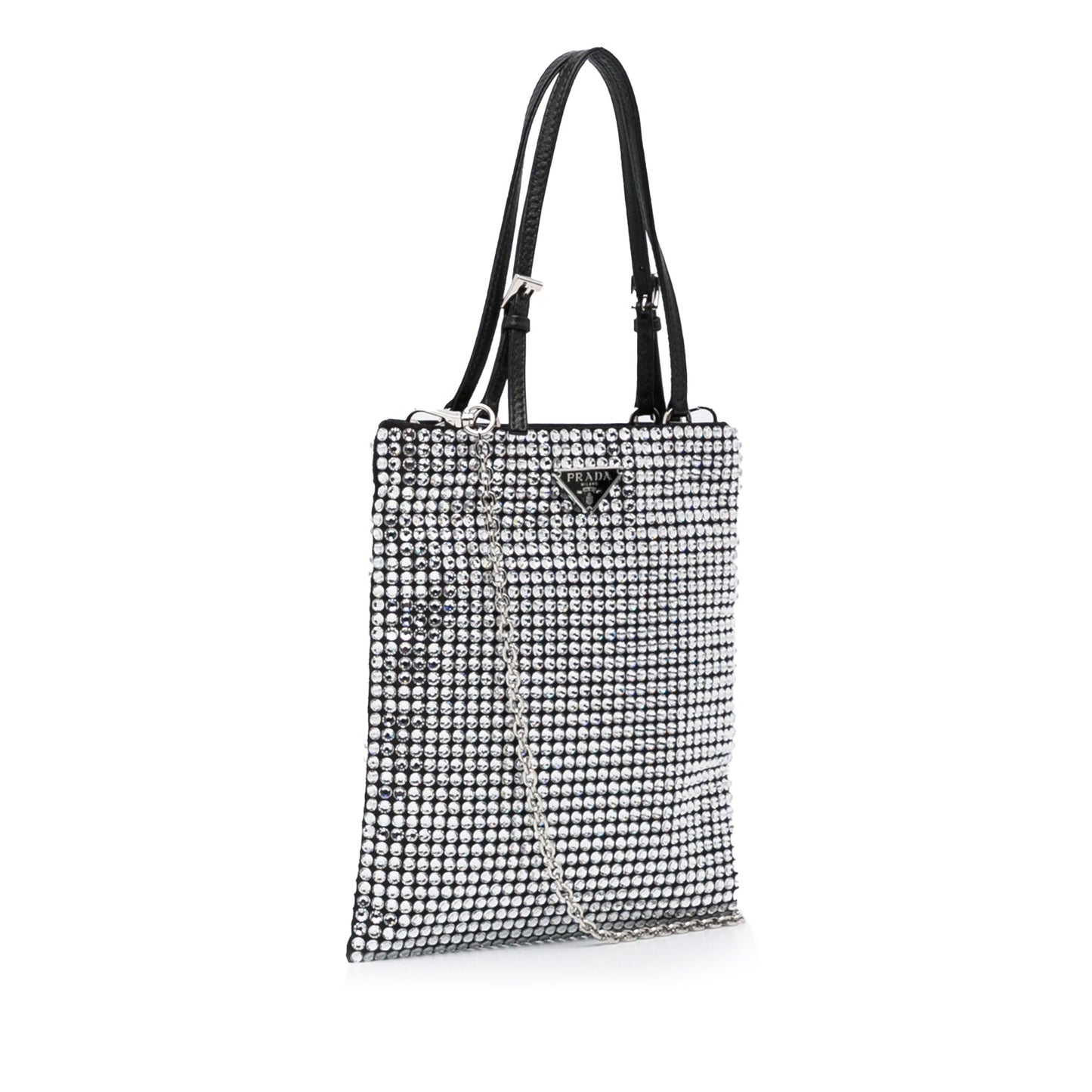 Prada Crystal Handbag Satin Silver Travel Bag