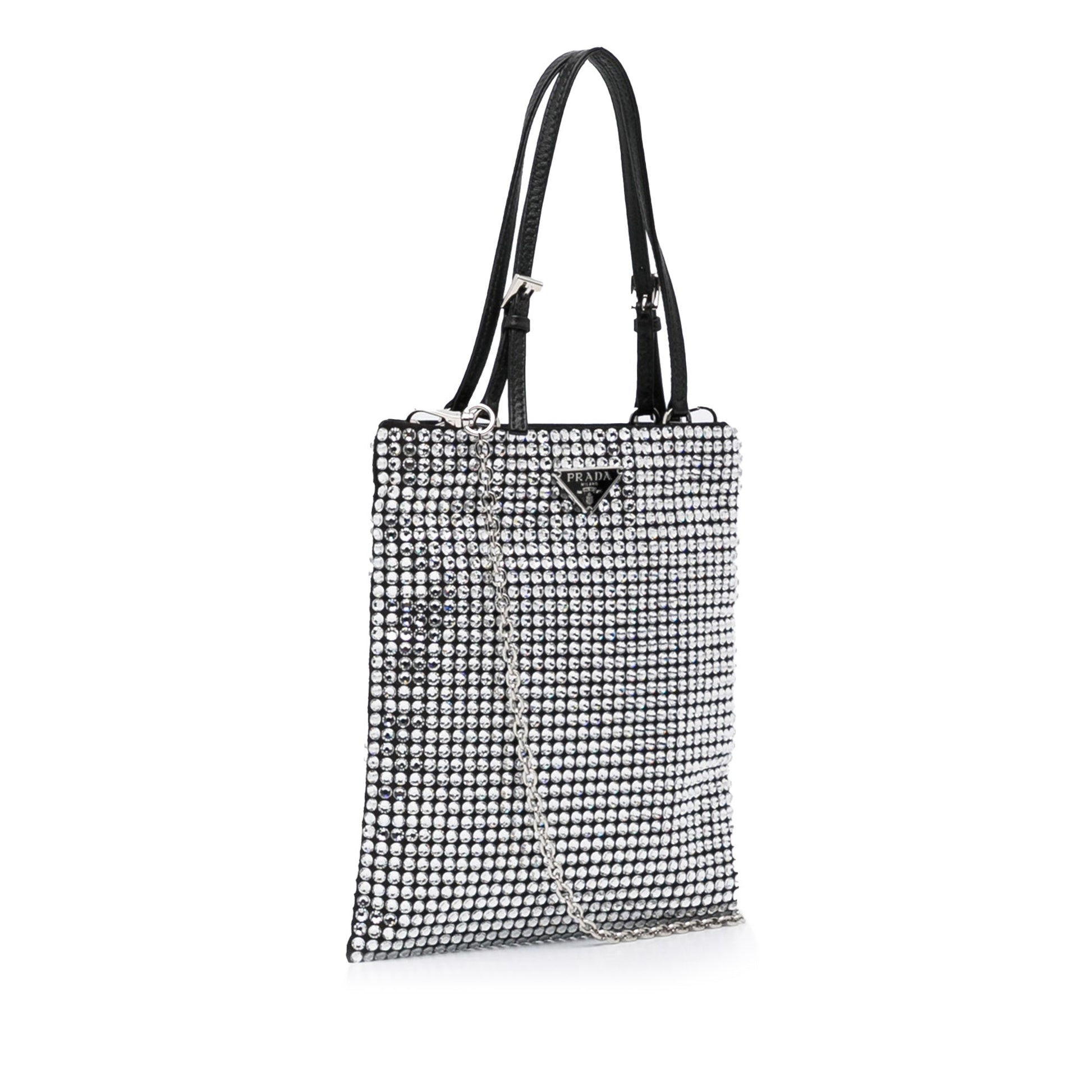 Prada Crystal Handbag Satin Silver Travel Bag