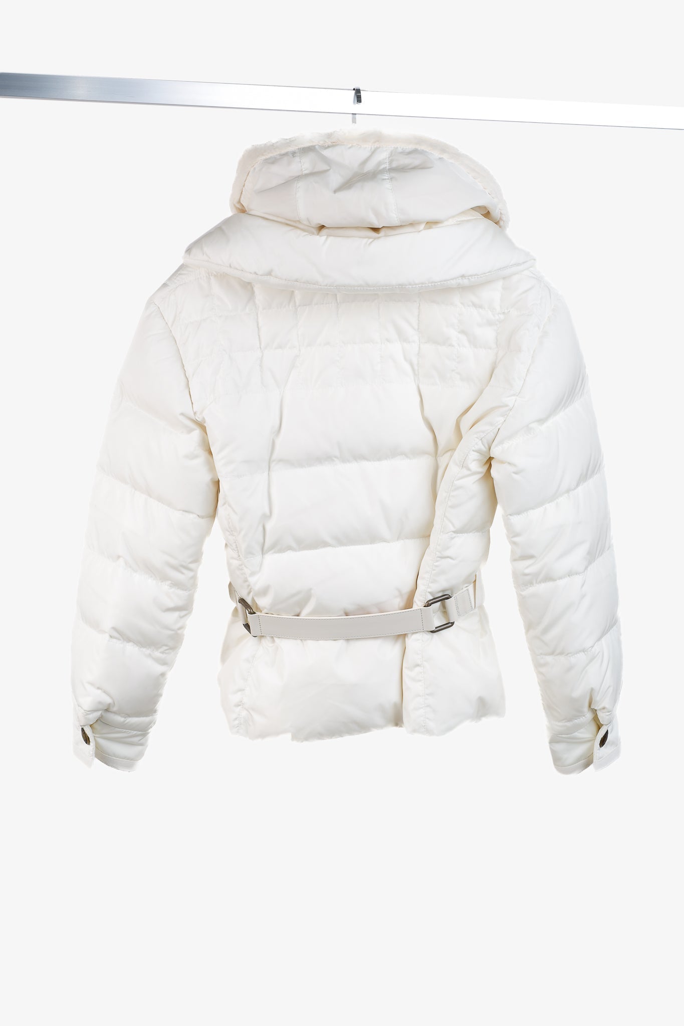 Louis Vuitton Cream Mink-Hood Belted Down Jacket