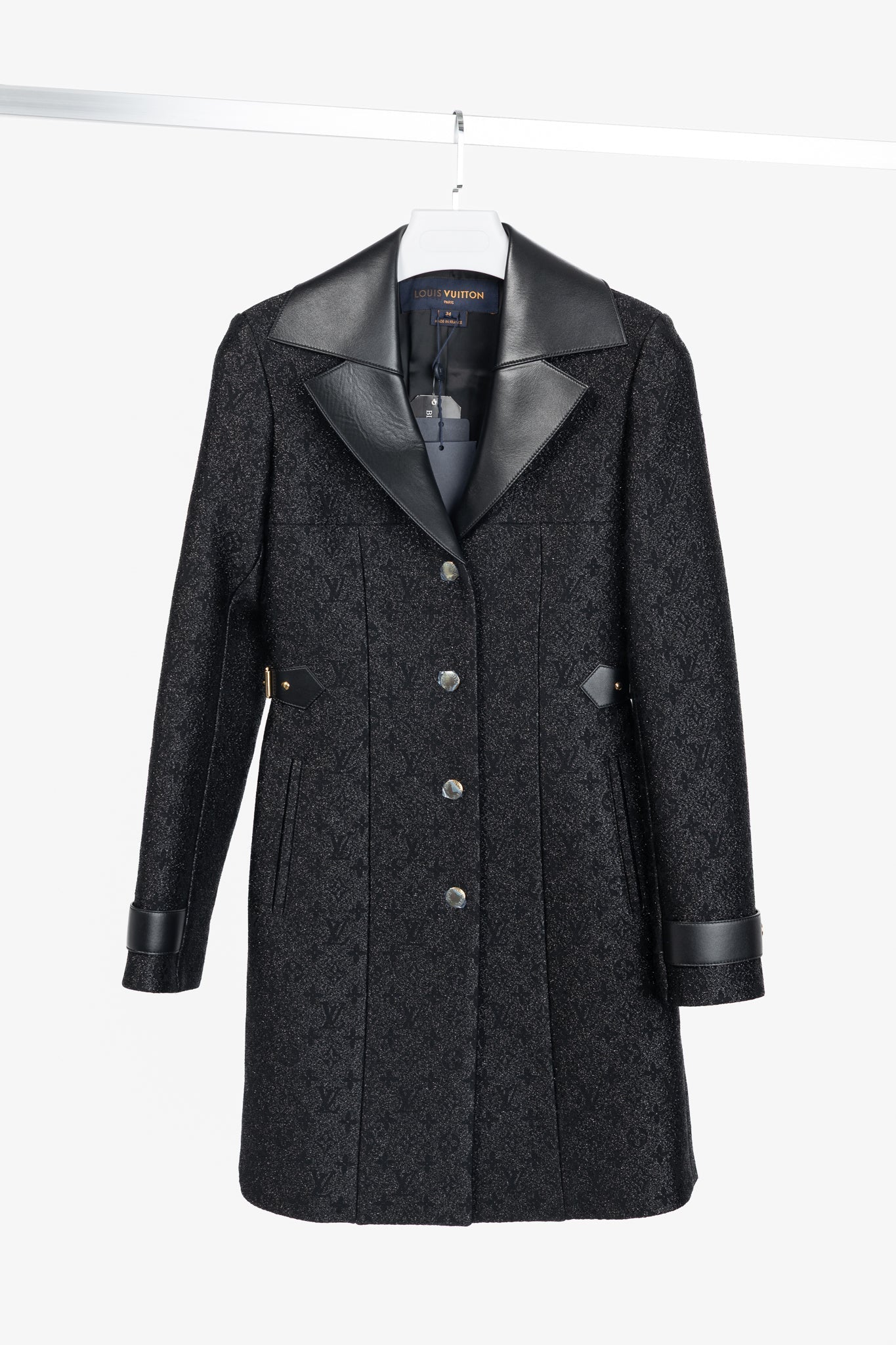 Louis Vuitton Black Monogram Wool Leather Insert A-Line Glitter Coat