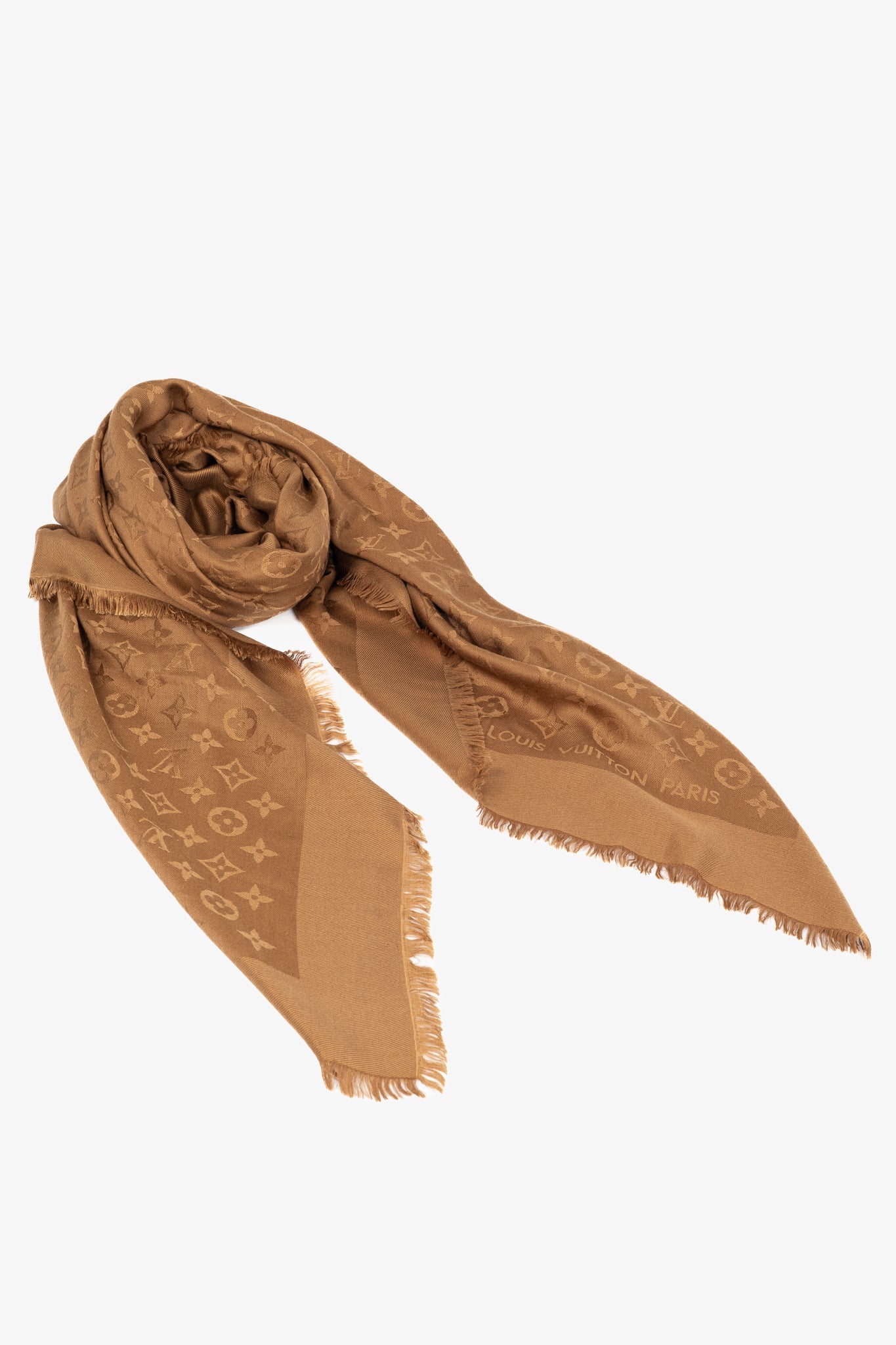 Louis Vuitton Camel Silk & Wool Monogram Fringe Shawl