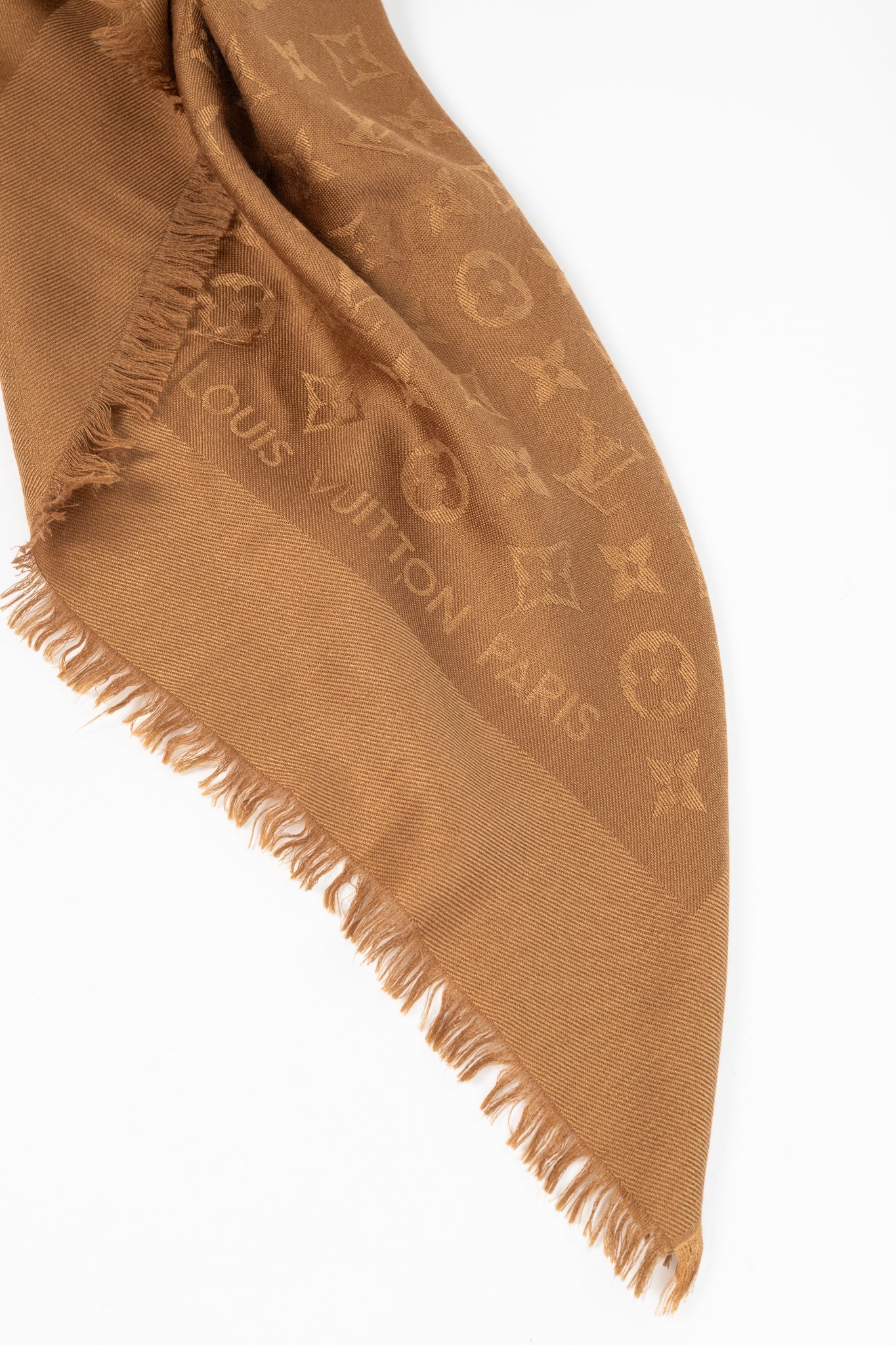 Louis Vuitton Camel Silk & Wool Monogram Fringe Shawl