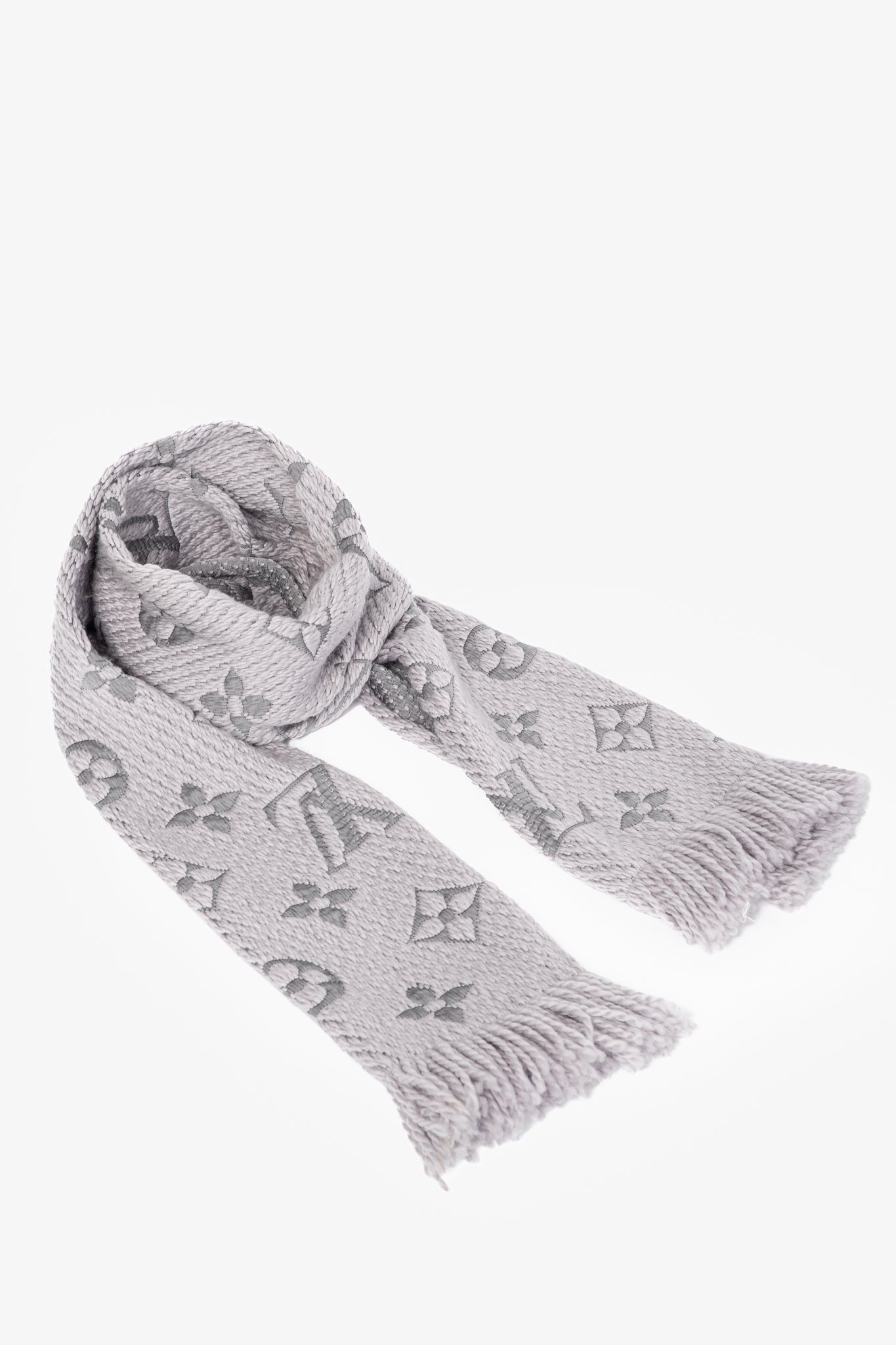 Louis Vuitton Logomania Pearl Grey Wool Monogram Fringe Scarf