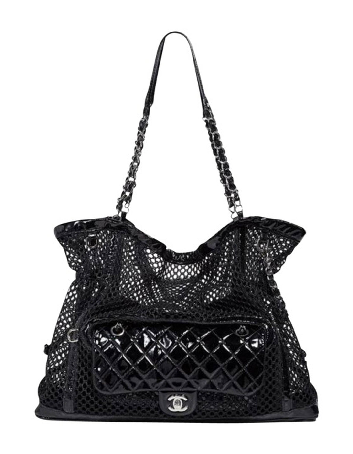 Chanel Black Mesh & Patent La Madrague 2 In 1 Tote/ Quilted Flap Bag