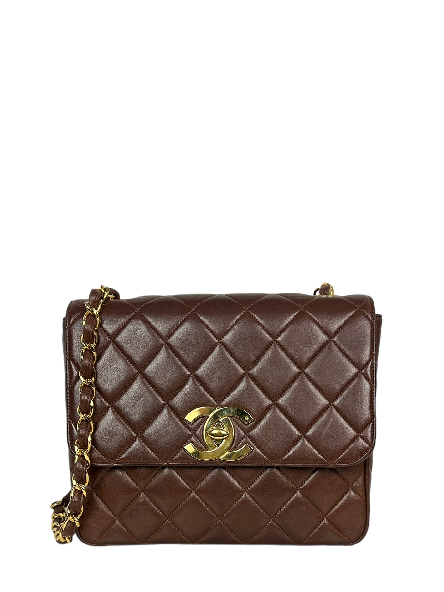 Chanel 1990S Brown Lambskin Leather CC Maxi Flap Messenger Bag