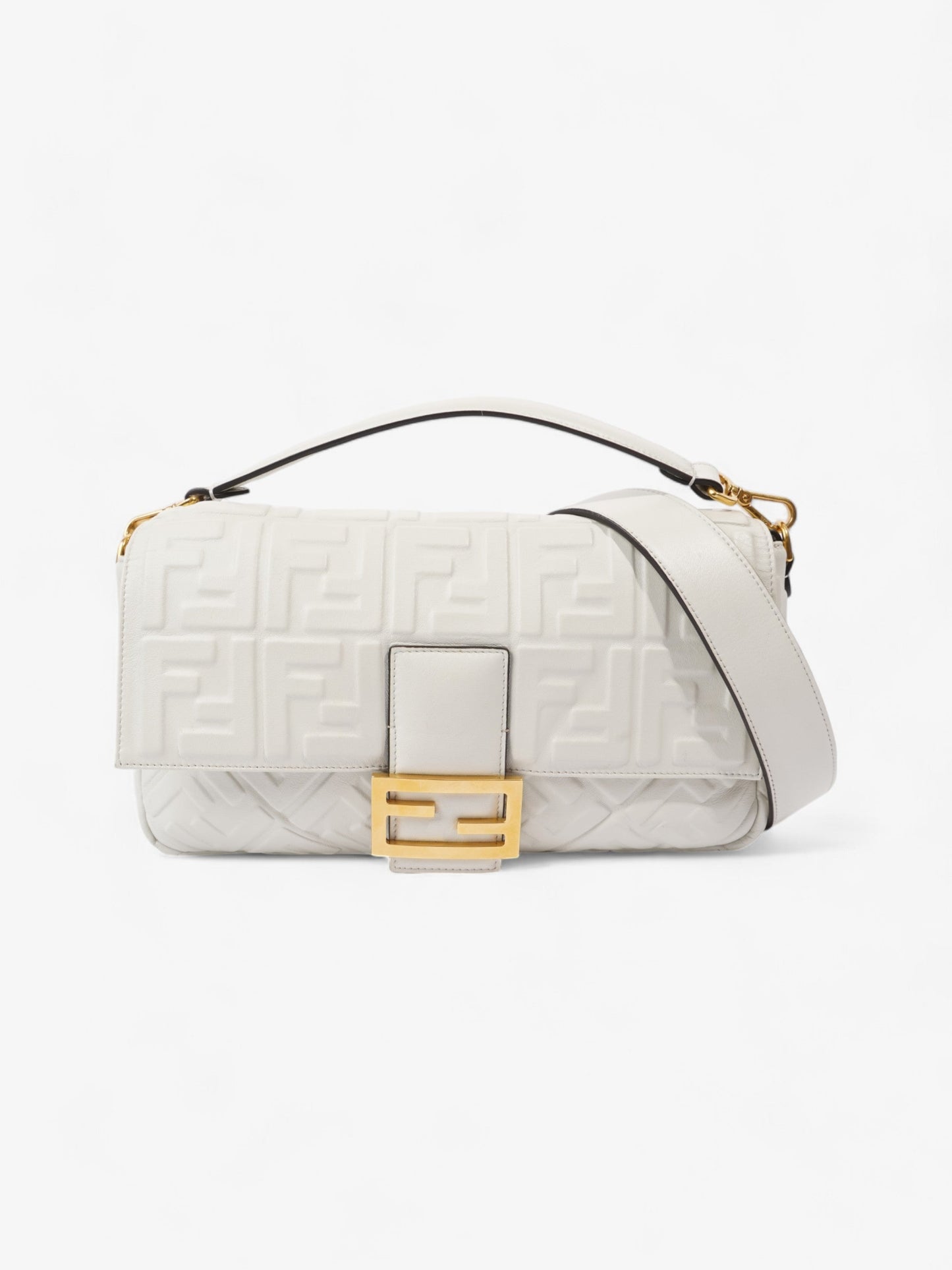 Fendi Baguette Shoulder Bag Leather White Embossed