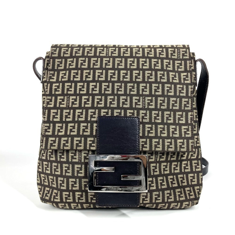 Fendi Shoulder Bag Zucchino Ff Leather Canvas Brown