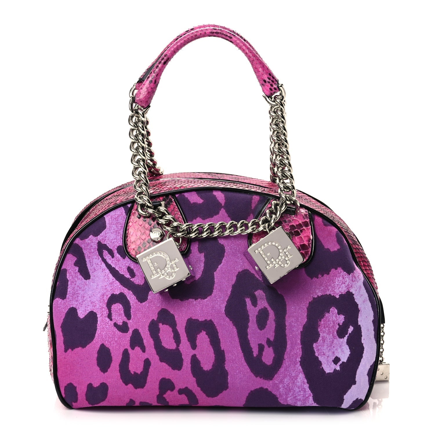 Dior Handbag Christian Snakeskin Leopard Gambler Dice Bowler Pink Top Handle