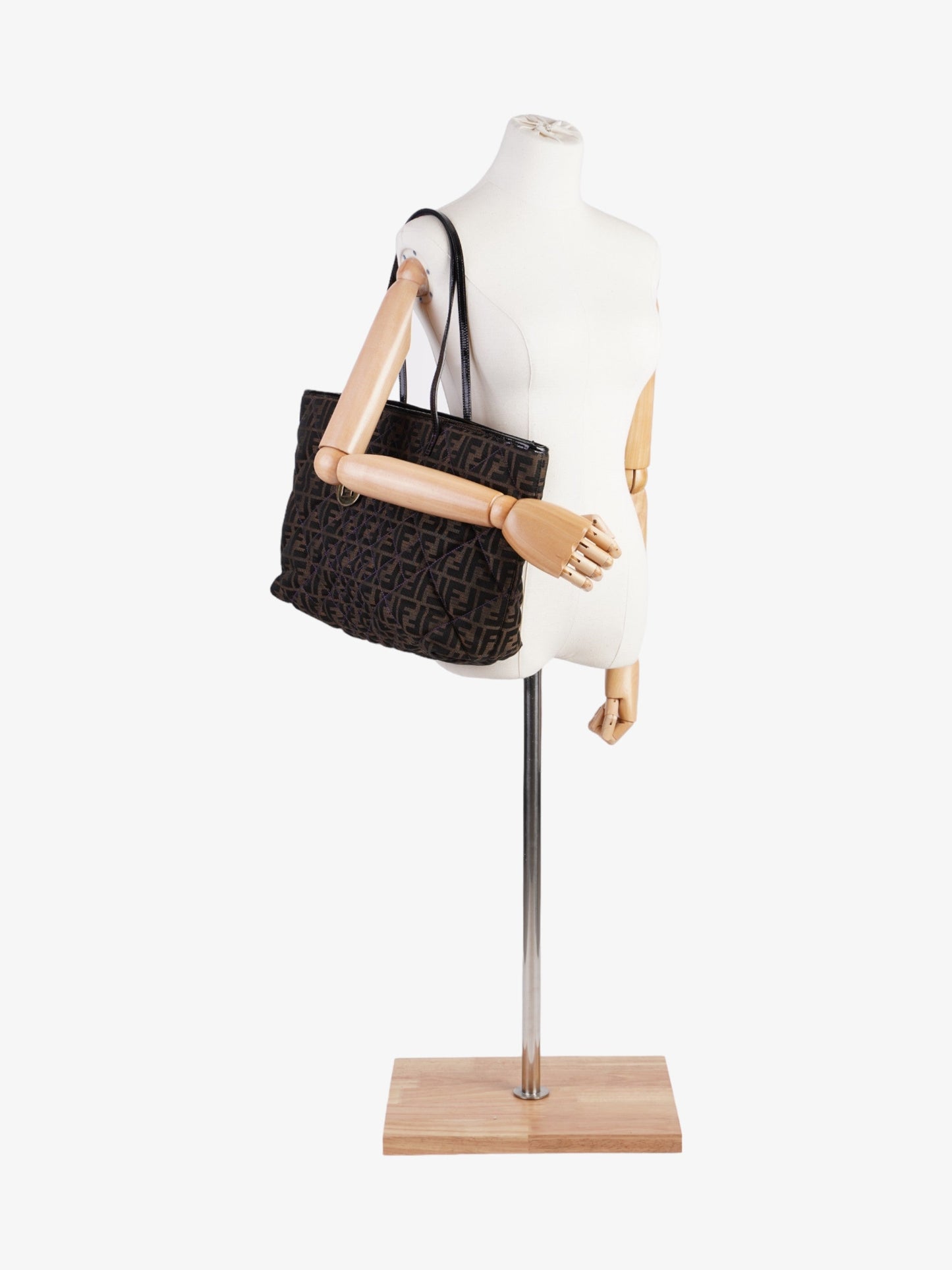 Fendi Roll Tote Ff Stitching Cotton Quilted Black Brown Shoulder Bag