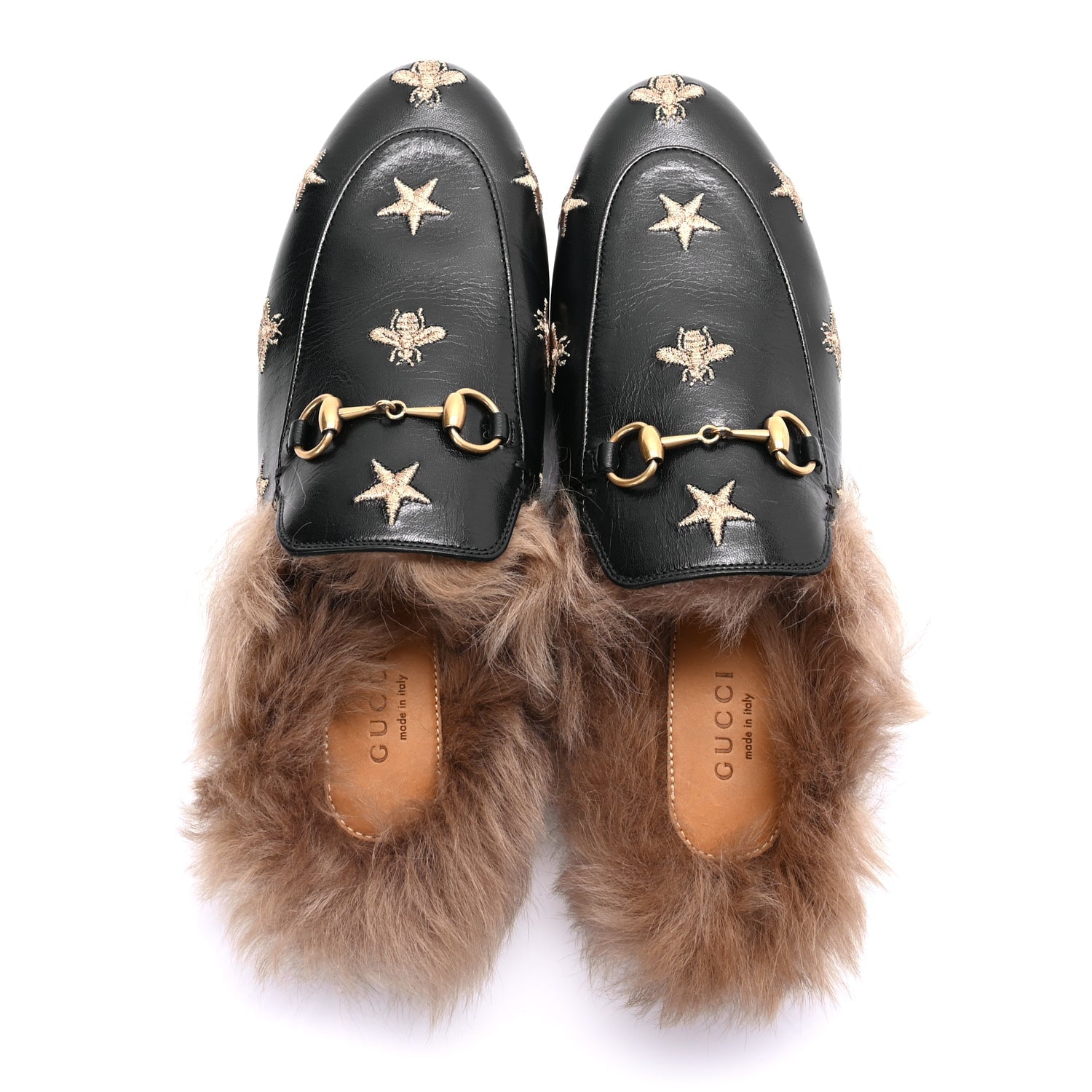 Gucci Goatskin Fur Bee Star Embroidered Womens Princetown Slippers 37