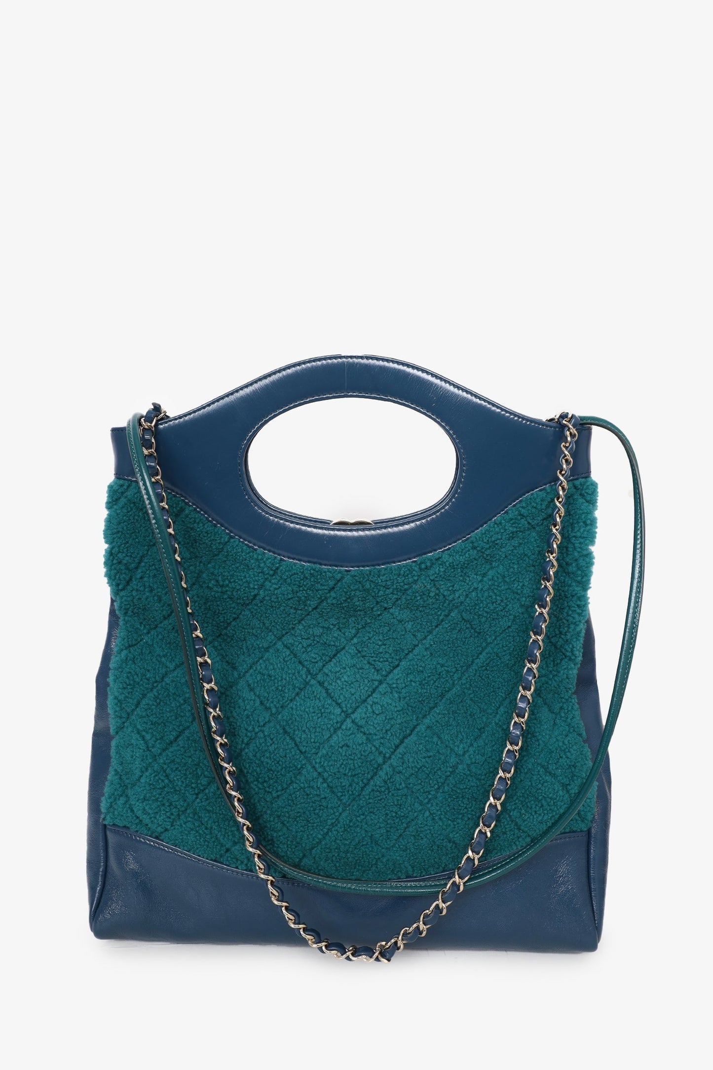Chanel™ 2019 Blue/Green Quilted Shearling/Leather 31 Shopping Bag
