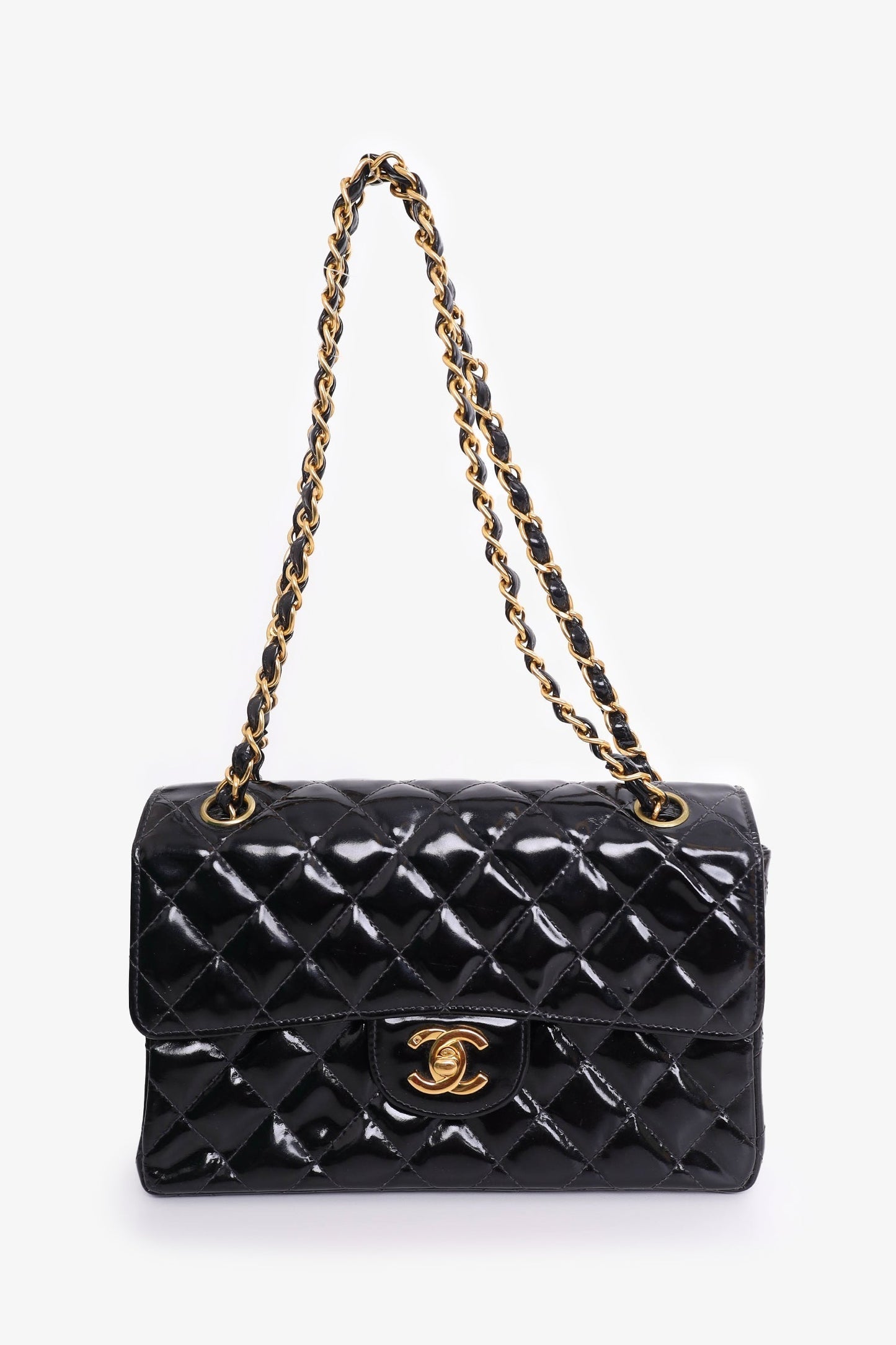 Chanel™  1996-97 Black Quilted Patent Double Sided Flap Bag