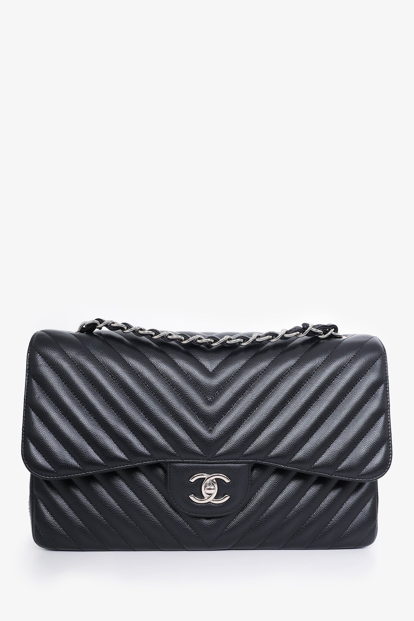 Chanel™ 2016-17 Black Chevron Caviar Leather Jumbo Double Flap
