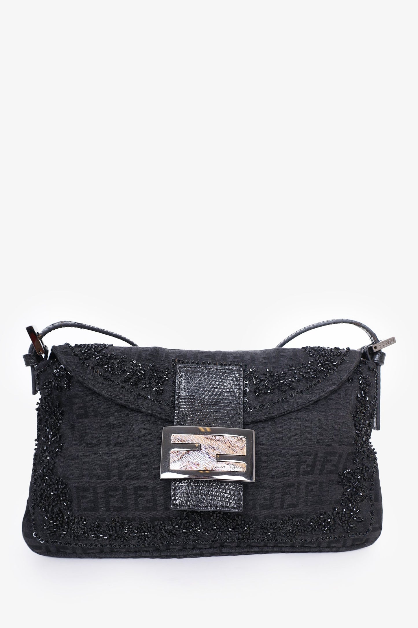 Fendi Ff Zucca Beaded Lizard Trimmed Baguette Shoulder Bag Black