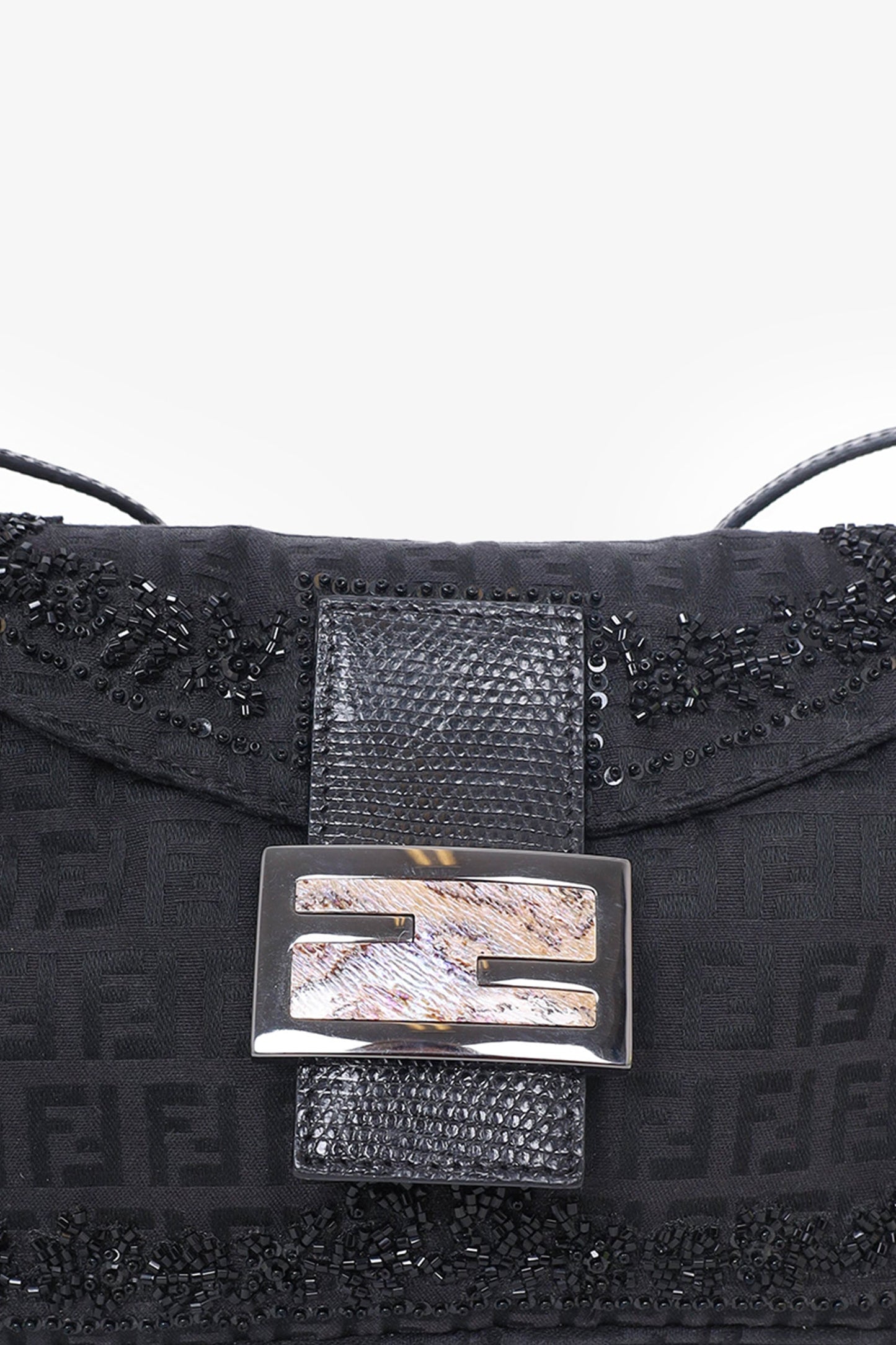 Fendi Ff Zucca Beaded Lizard Trimmed Baguette Shoulder Bag Black