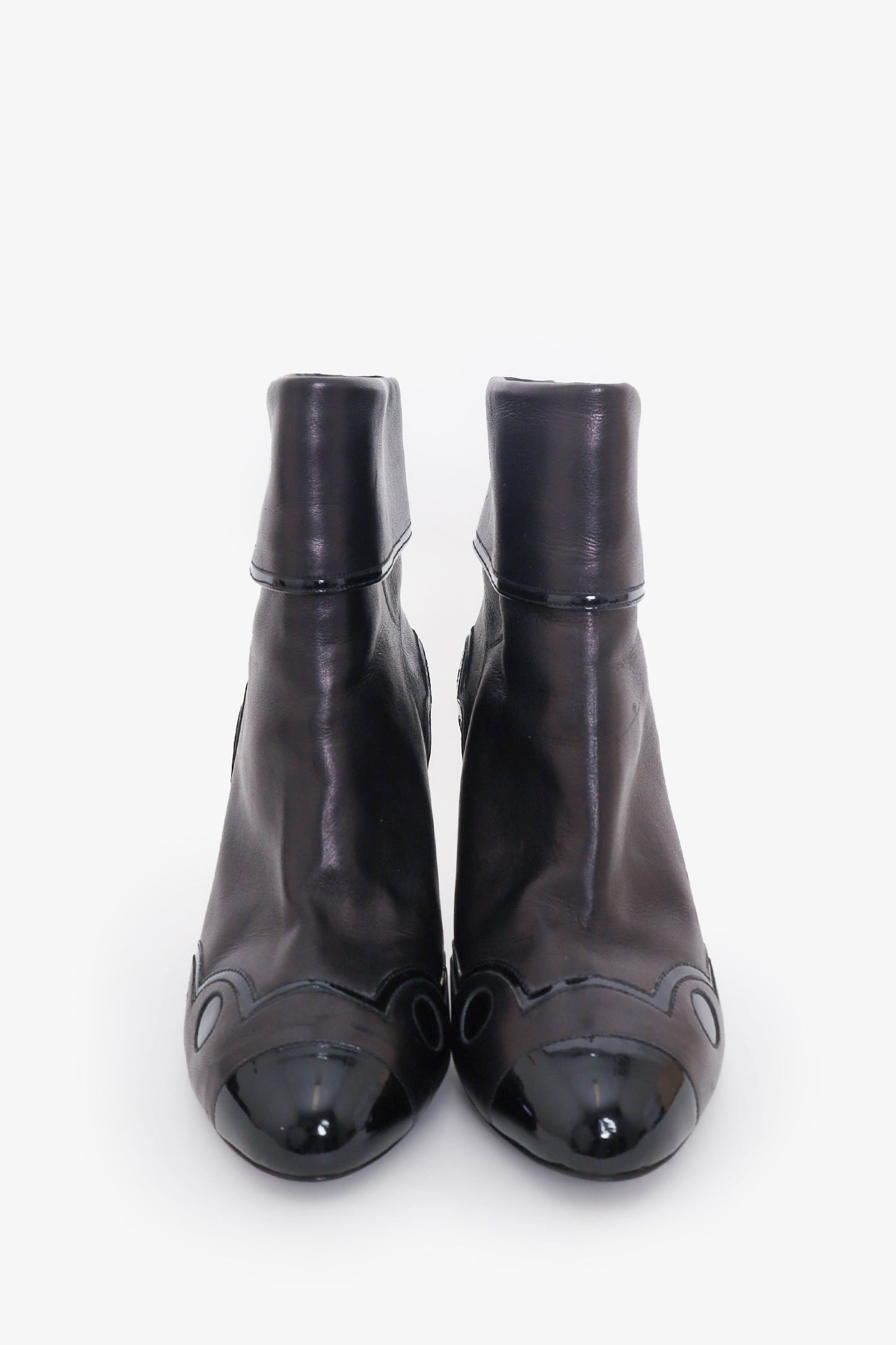 Chanel Black Leather/Patent Leather Detail \'CC\' Ankle Boots Size 37
