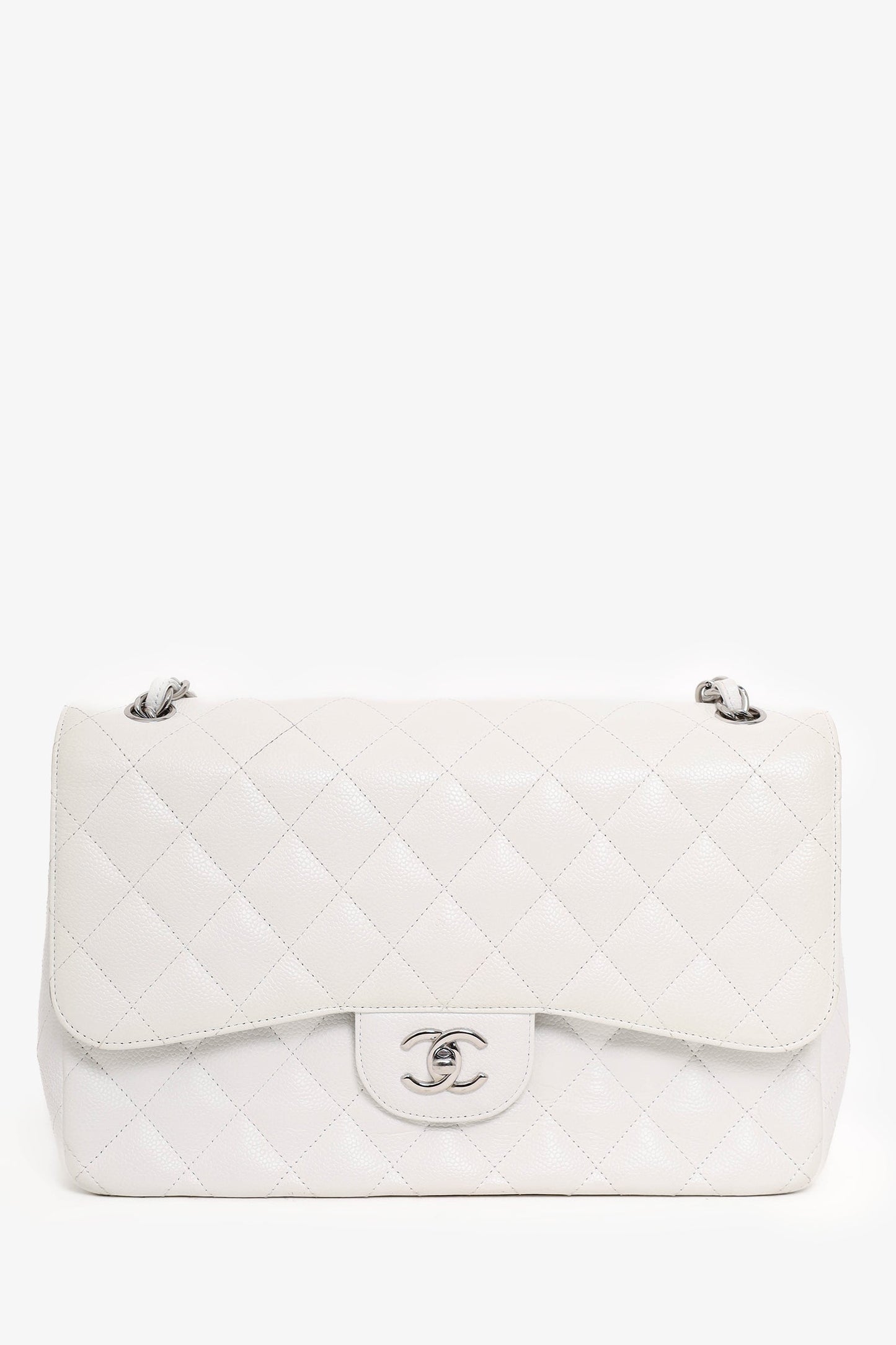 Chanel™ 2011 White Caviar Leather Jumbo Classic Flap Shoulder Bag