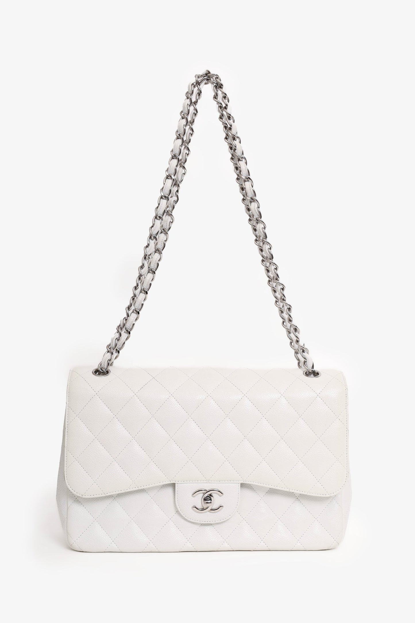 Chanel™ White Caviar Leather Jumbo Classic Flap Shoulder Bag