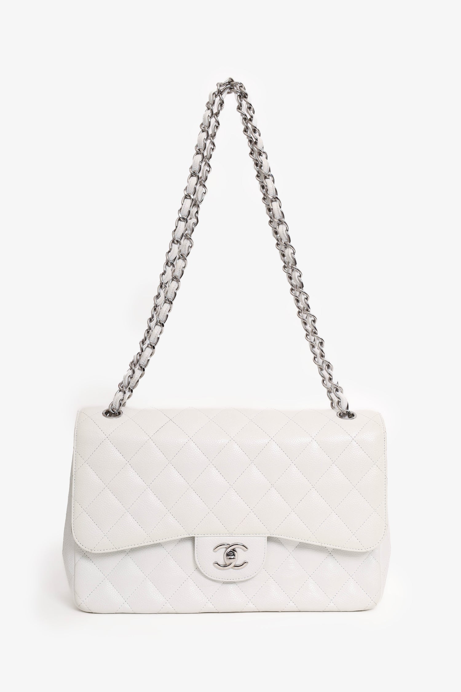 Chanel™ White Caviar Leather Jumbo Classic Flap Shoulder Bag