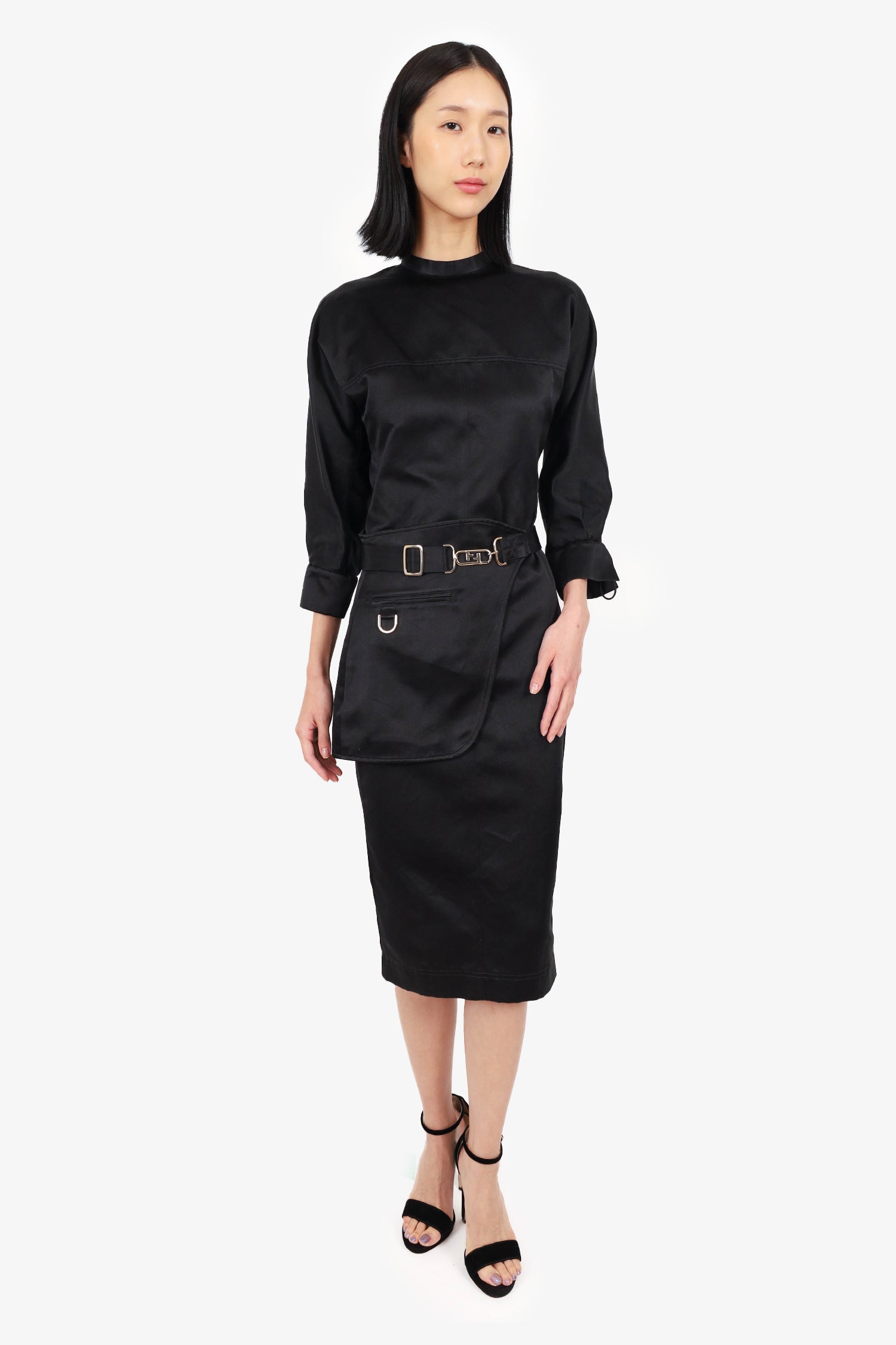 Fendi Handbag Silk Belted Long-Sleeved Midi Dress Black