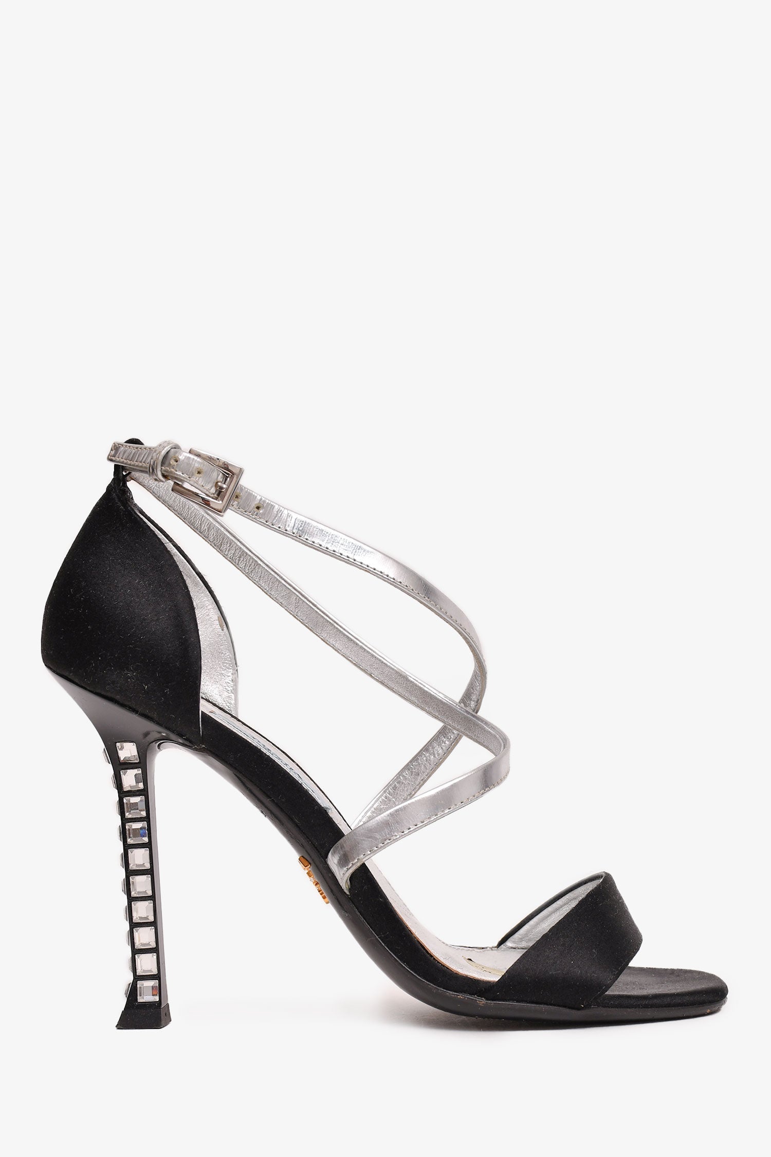 Prada Handbag Strappy Crystal Heels Satin Black Shoes