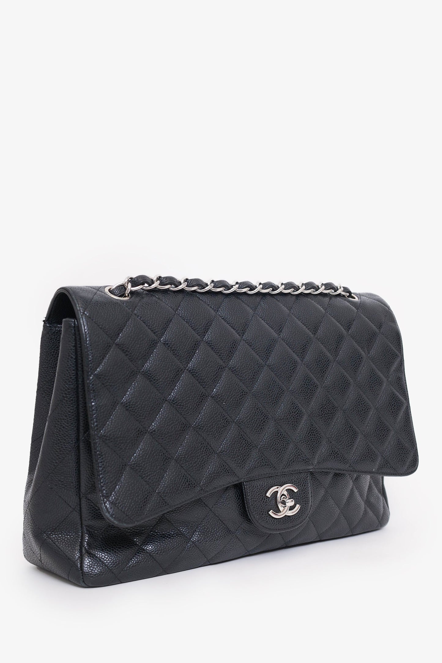 Chanel™ -10 Black Caviar Leather Maxi Single Flap Shoulder Bag