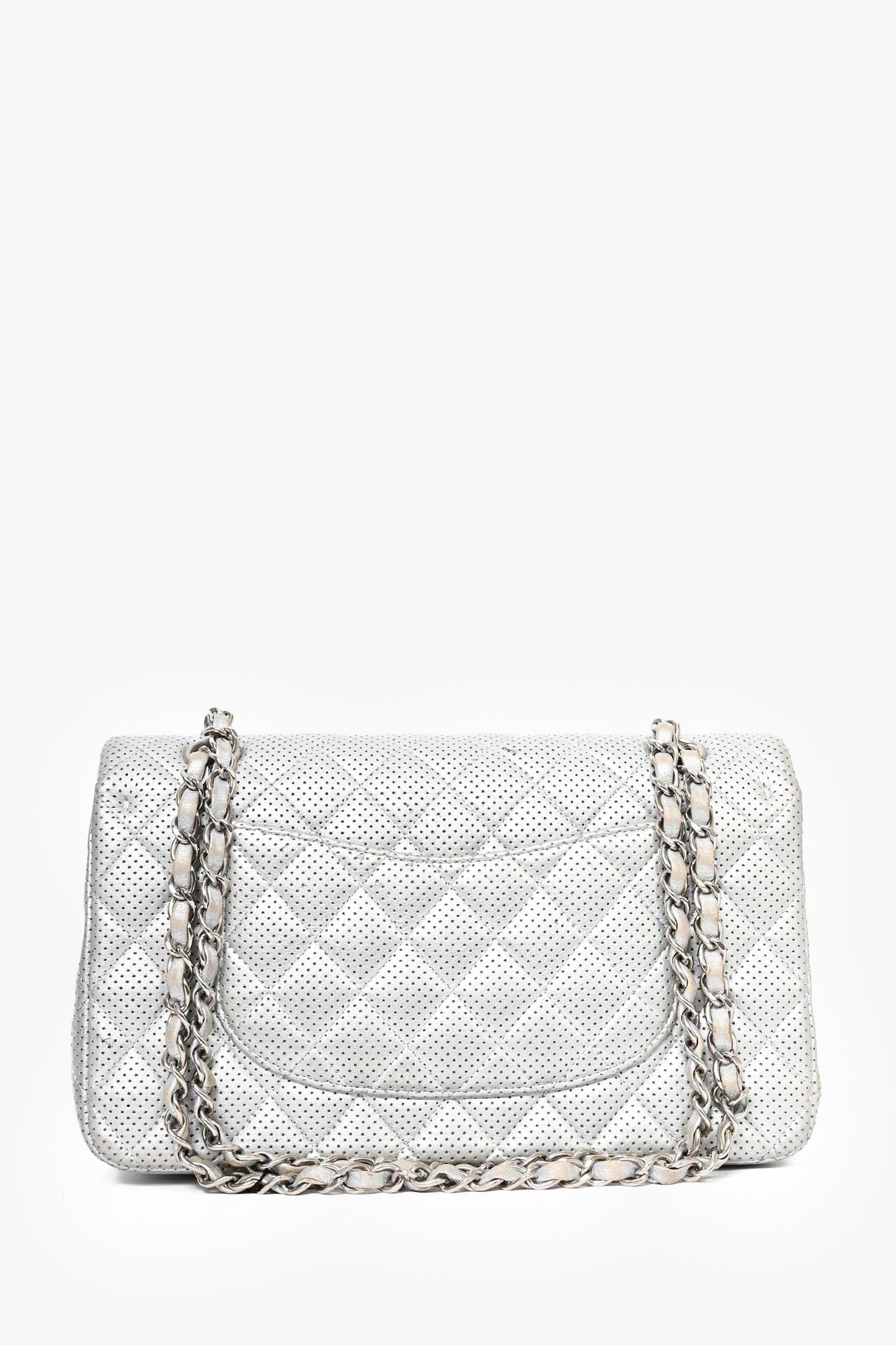 Chanel™ Silver Perforated Leather Medium Double Flap Shoulder Bag