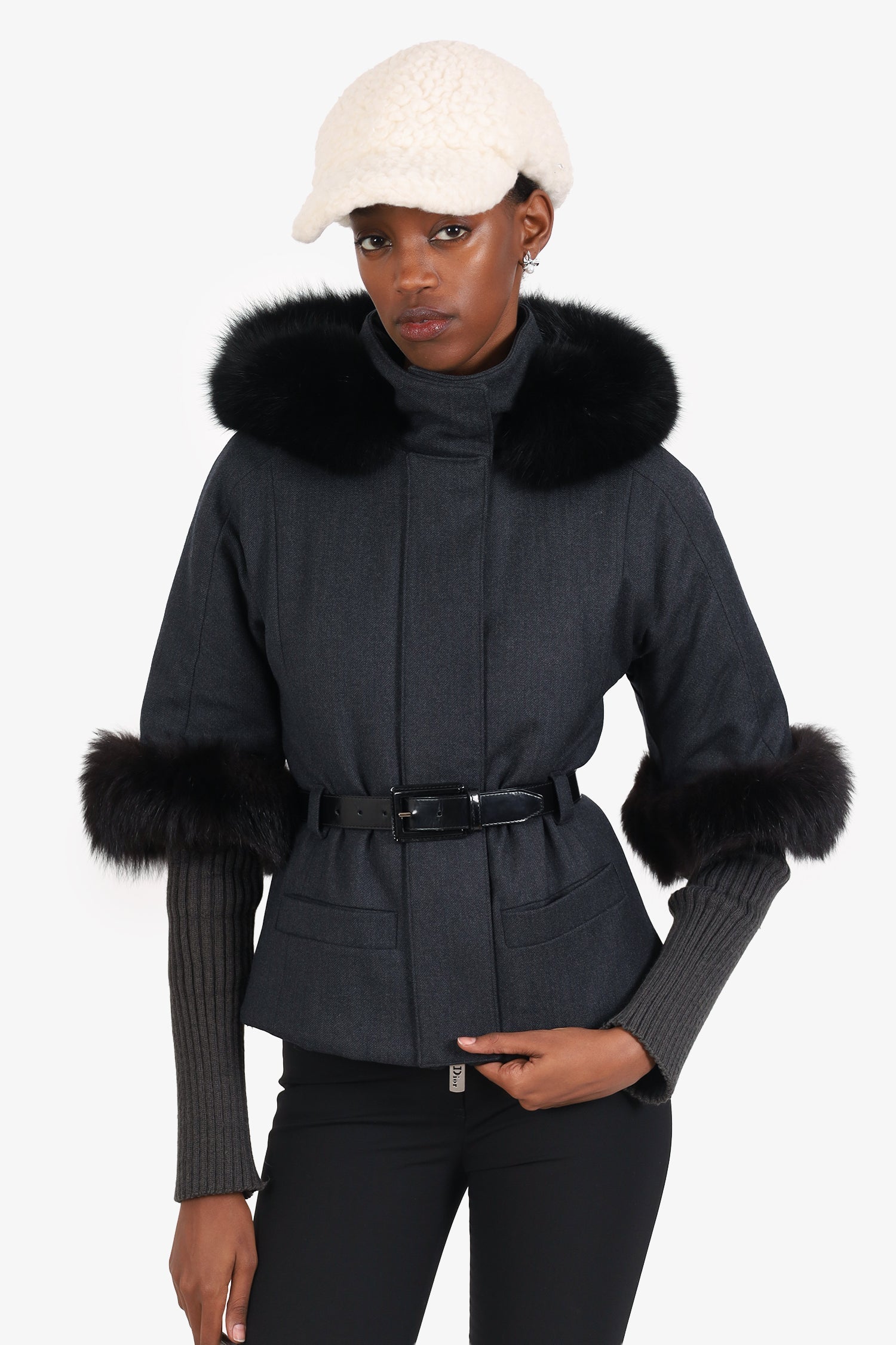 Dior Handbag Christian Grey Wool Fox Fur Trimmed Belted Gray
