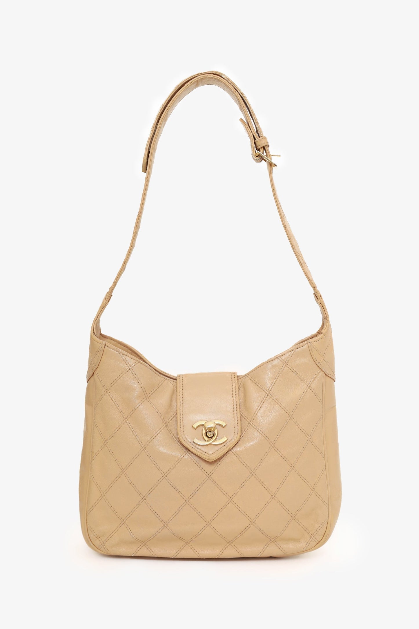 Chanel™ 1986-88 Beige Quilted Lambskin CC Hobo Shoulder Bag with Pouch