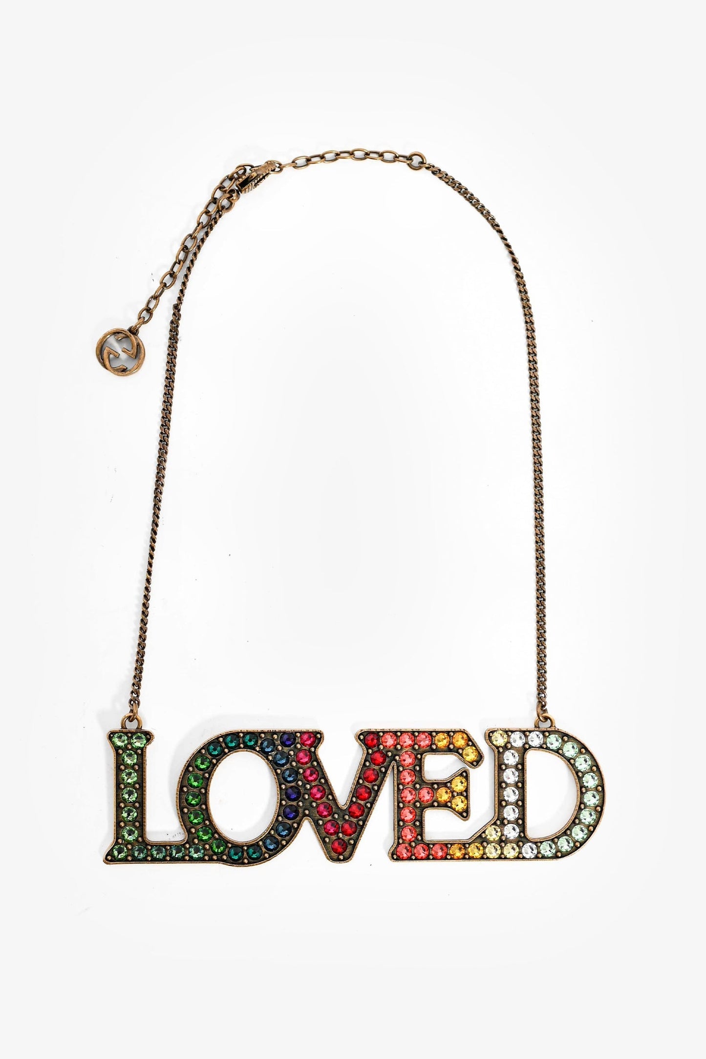 Gucci Gold Toned Multicolour Crystal 'LOVED' Necklace
