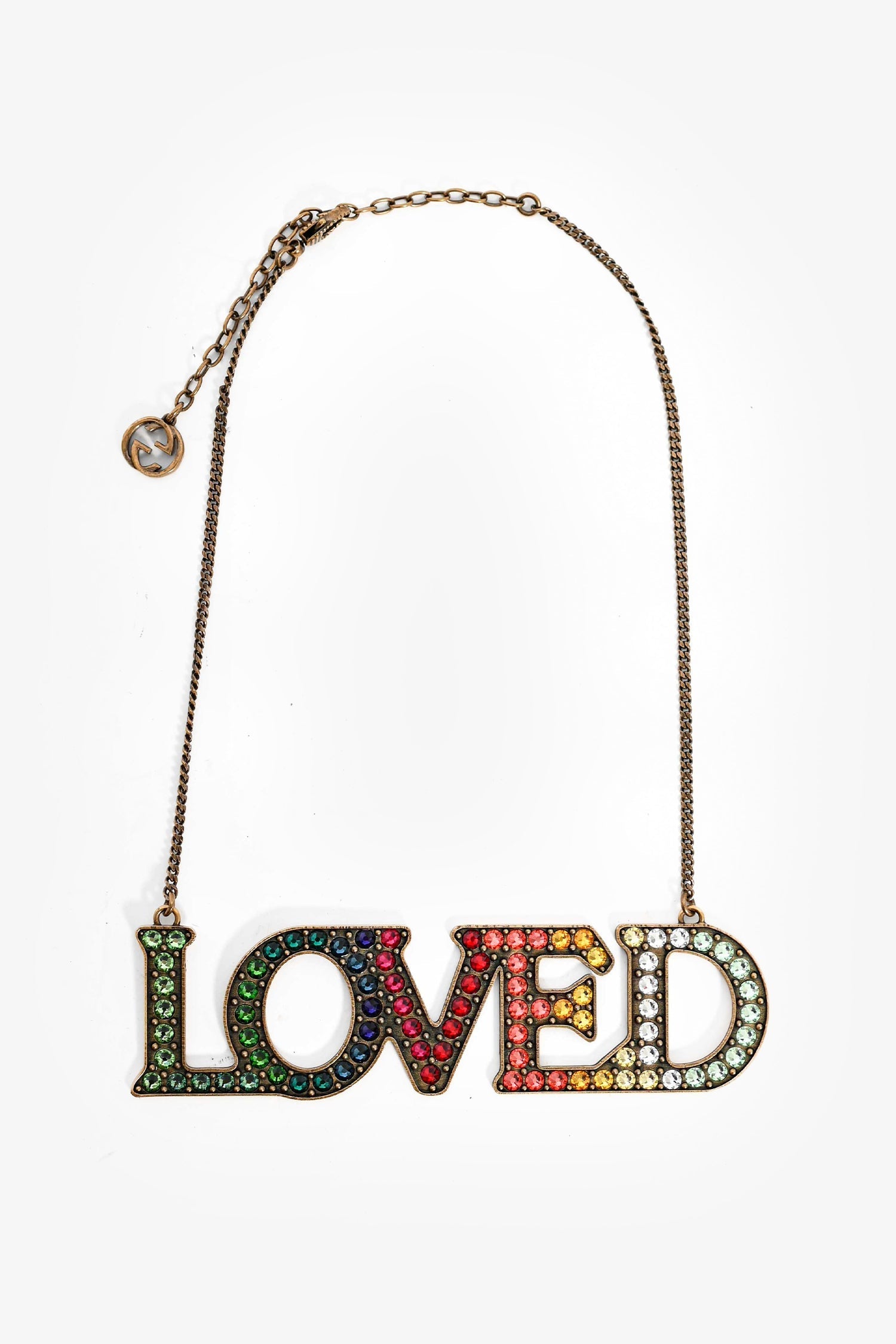 Gucci Gold Toned Multicolour Crystal 'LOVED' Necklace
