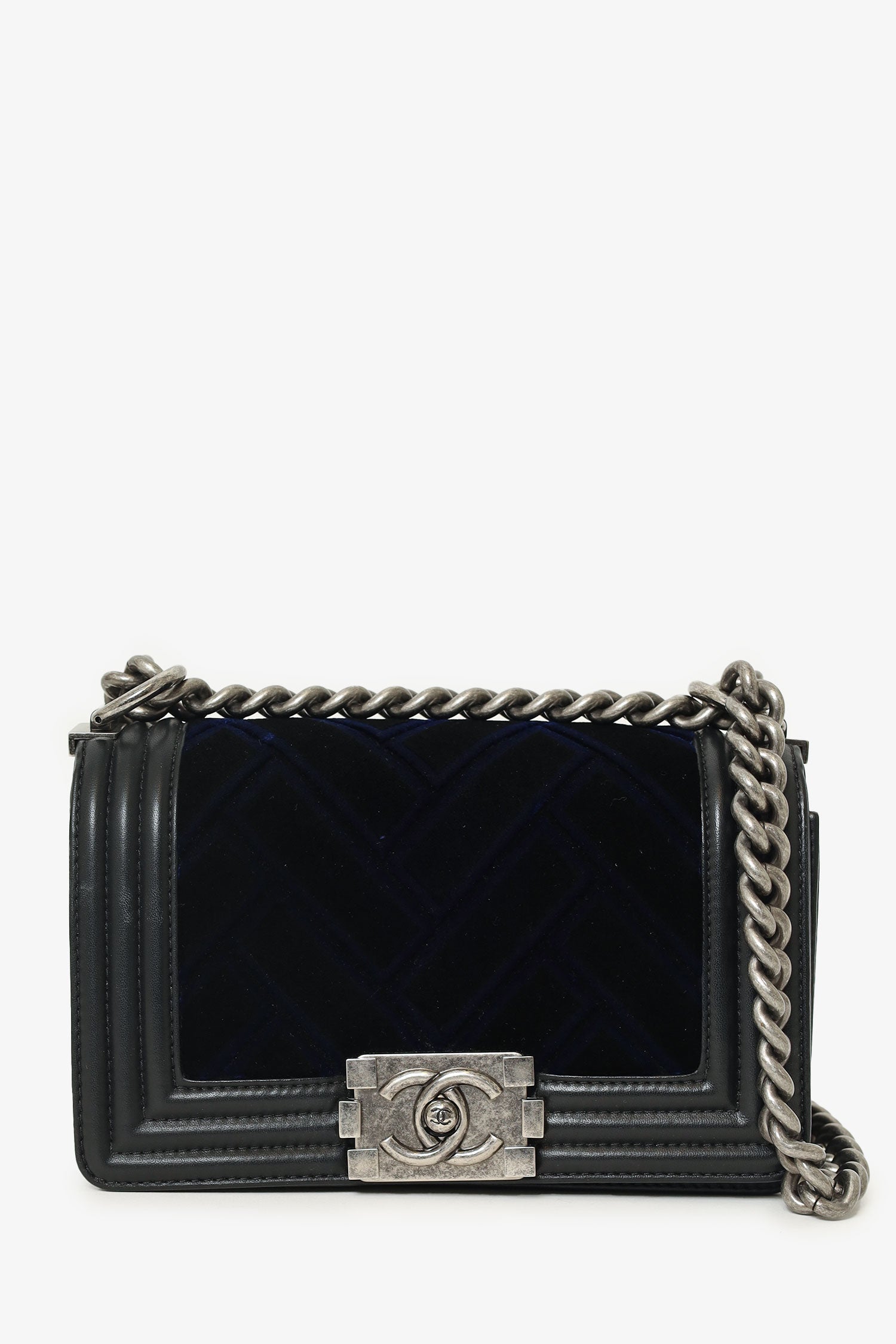 Chanel™ Black/Navy Velvet/Calfskin Small Boy Bag