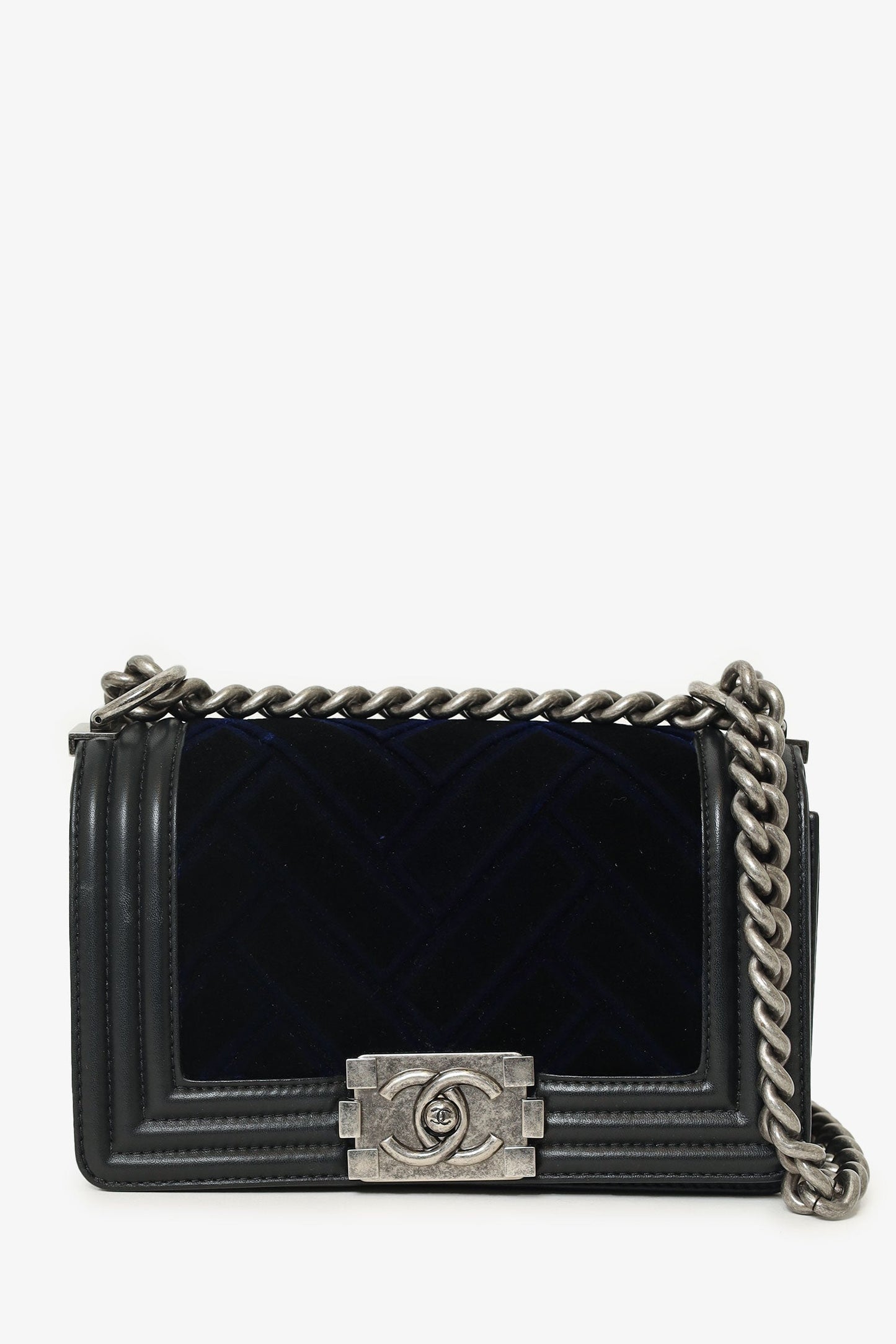 Chanel™ 2017 Black/Navy Velvet/Calfskin Small Boy Bag