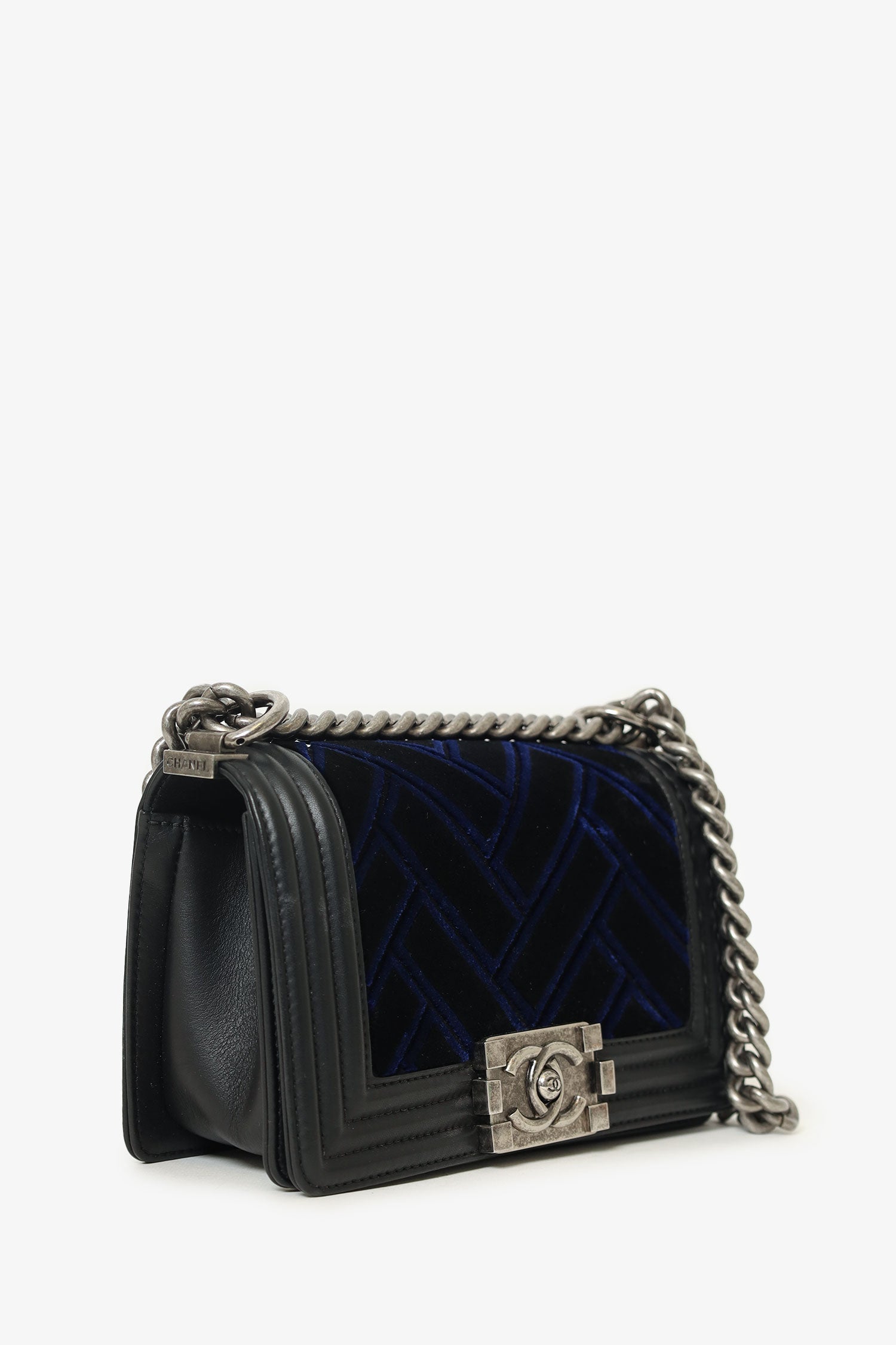 Chanel™ Black/Navy Velvet/Calfskin Small Boy Bag