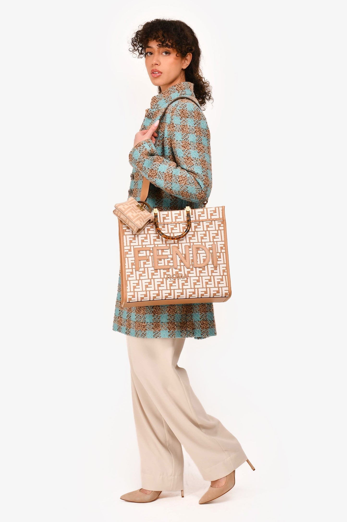 Fendi Ff Zucca Sunshine Shopping Tote With Strap Leather Canvas White Tote Bag