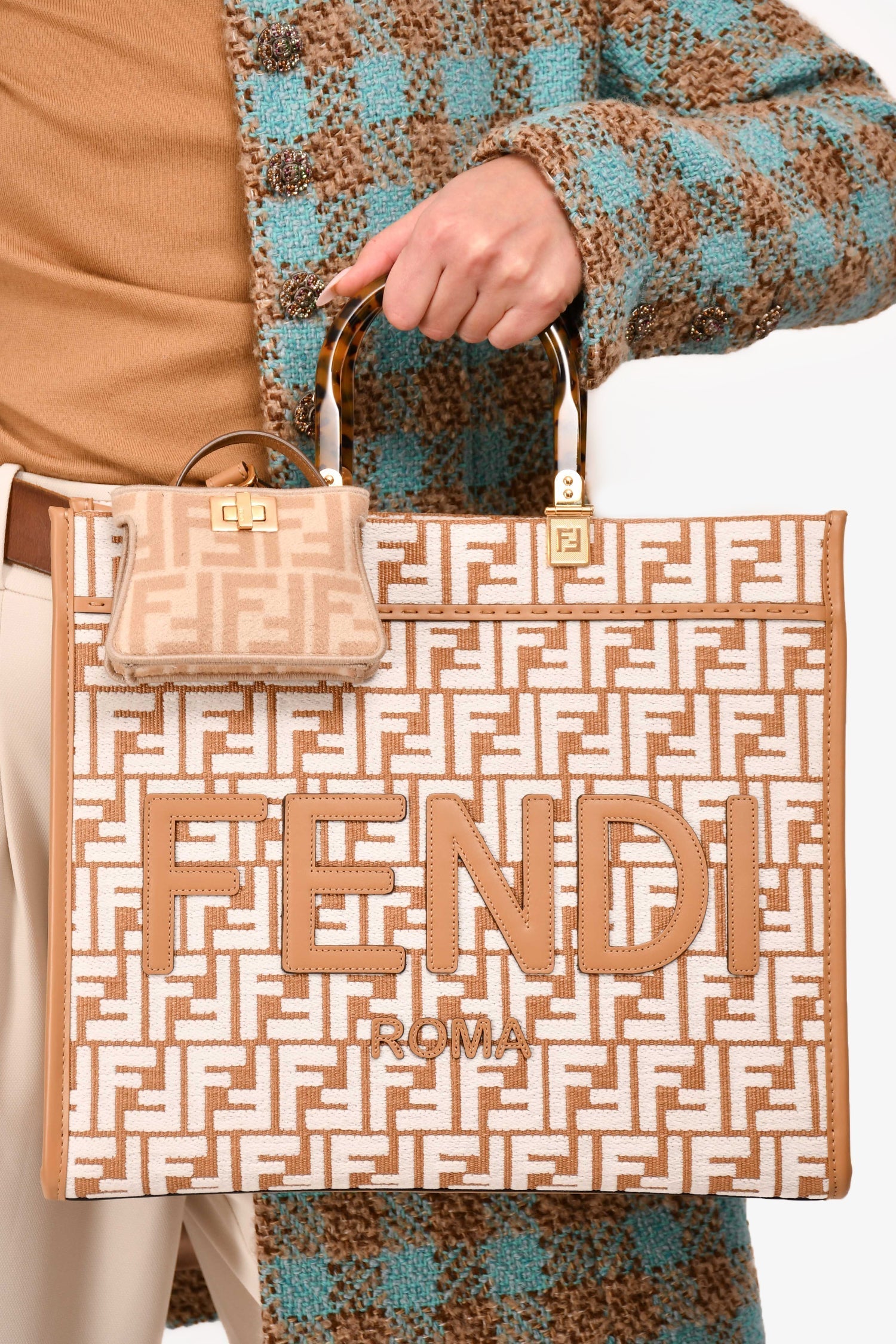 Fendi Ff Zucca Sunshine Shopping Tote With Strap Leather Canvas White Tote Bag
