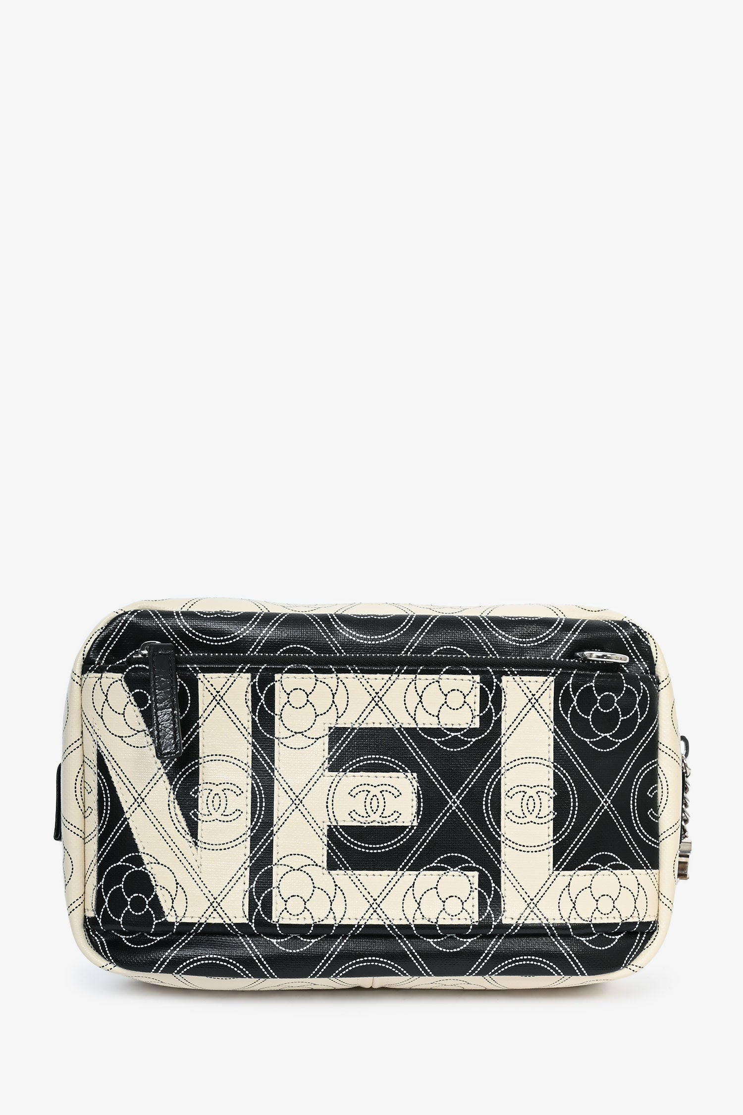 Chanel™ /18 Black/White Coated Canvas Camellia Logo Camera Bag With Strap